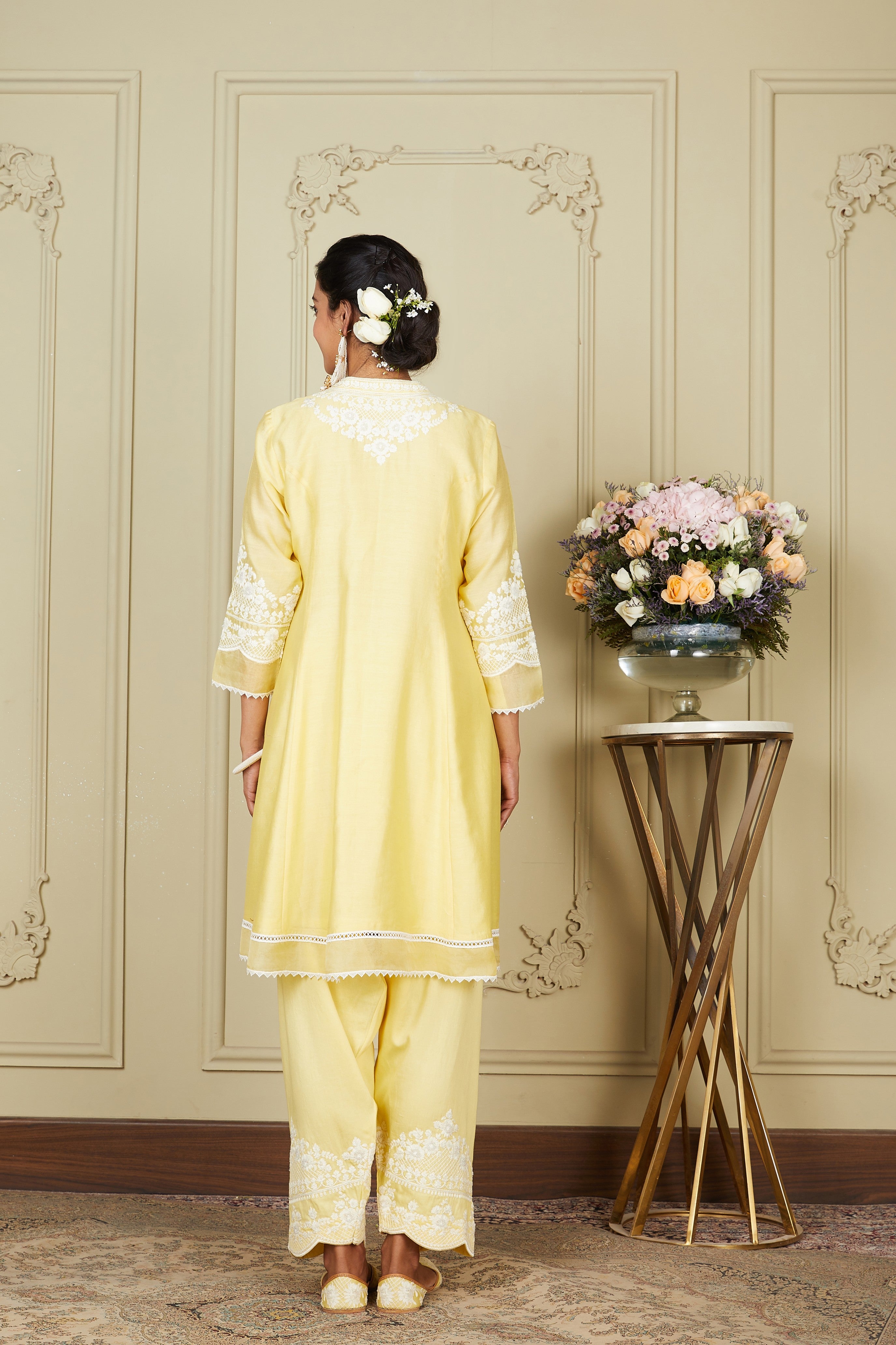 Ruzena - Lemon Yellow A-line short kurta with salwar and dupatta