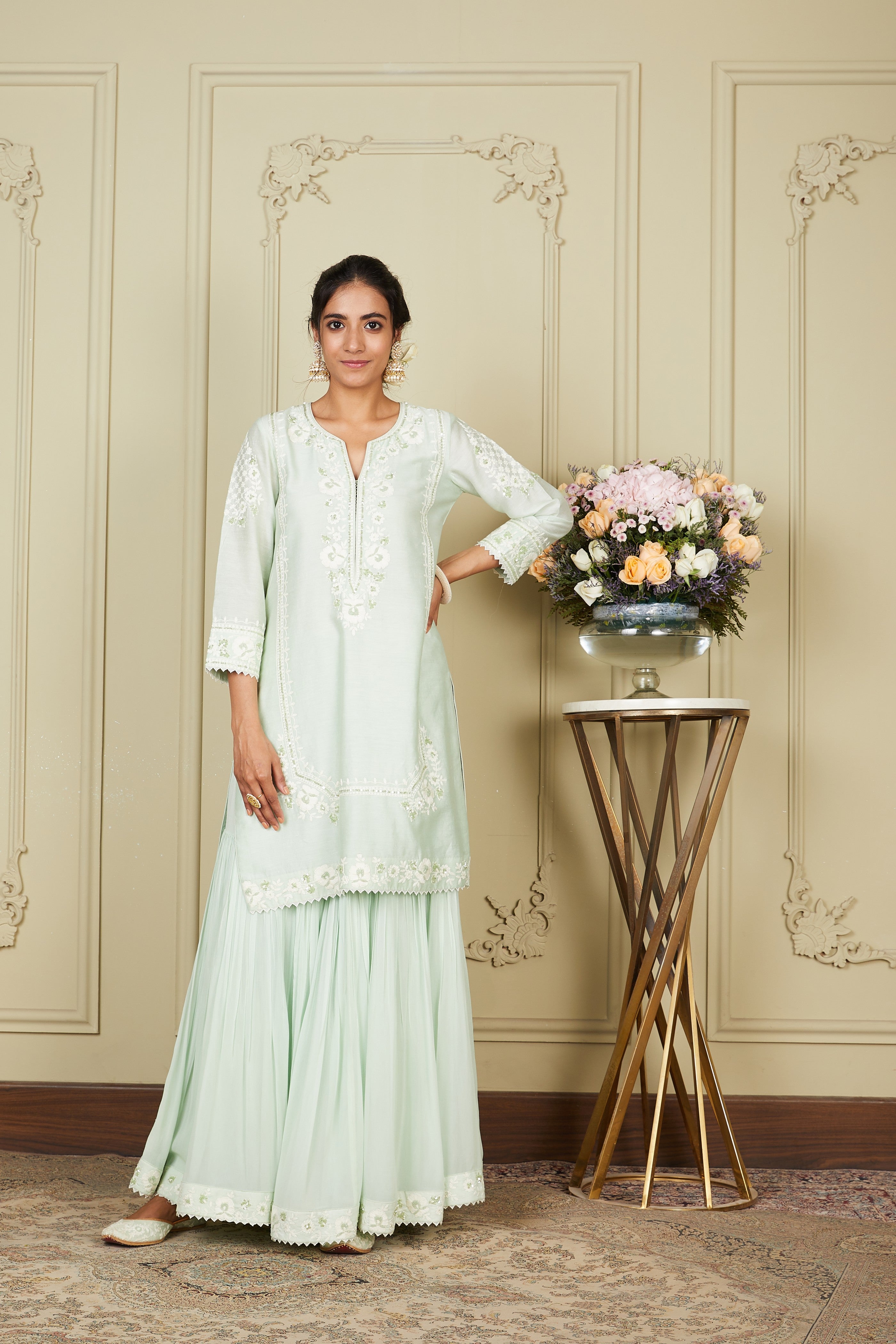 Nargis - Frosty Green Short kurta with garara and dupatta