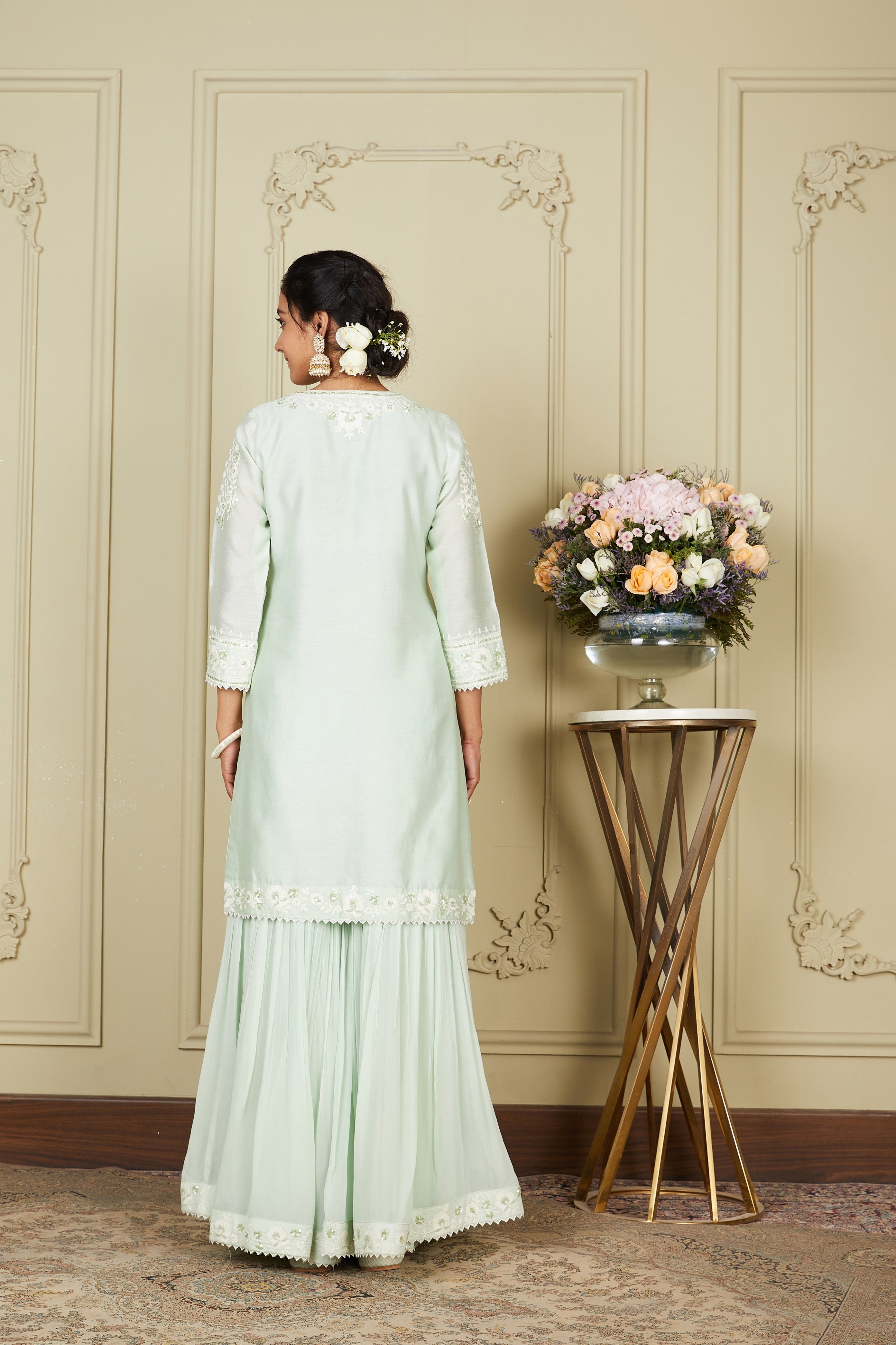 Nargis - Frosty Green Short kurta with garara and dupatta