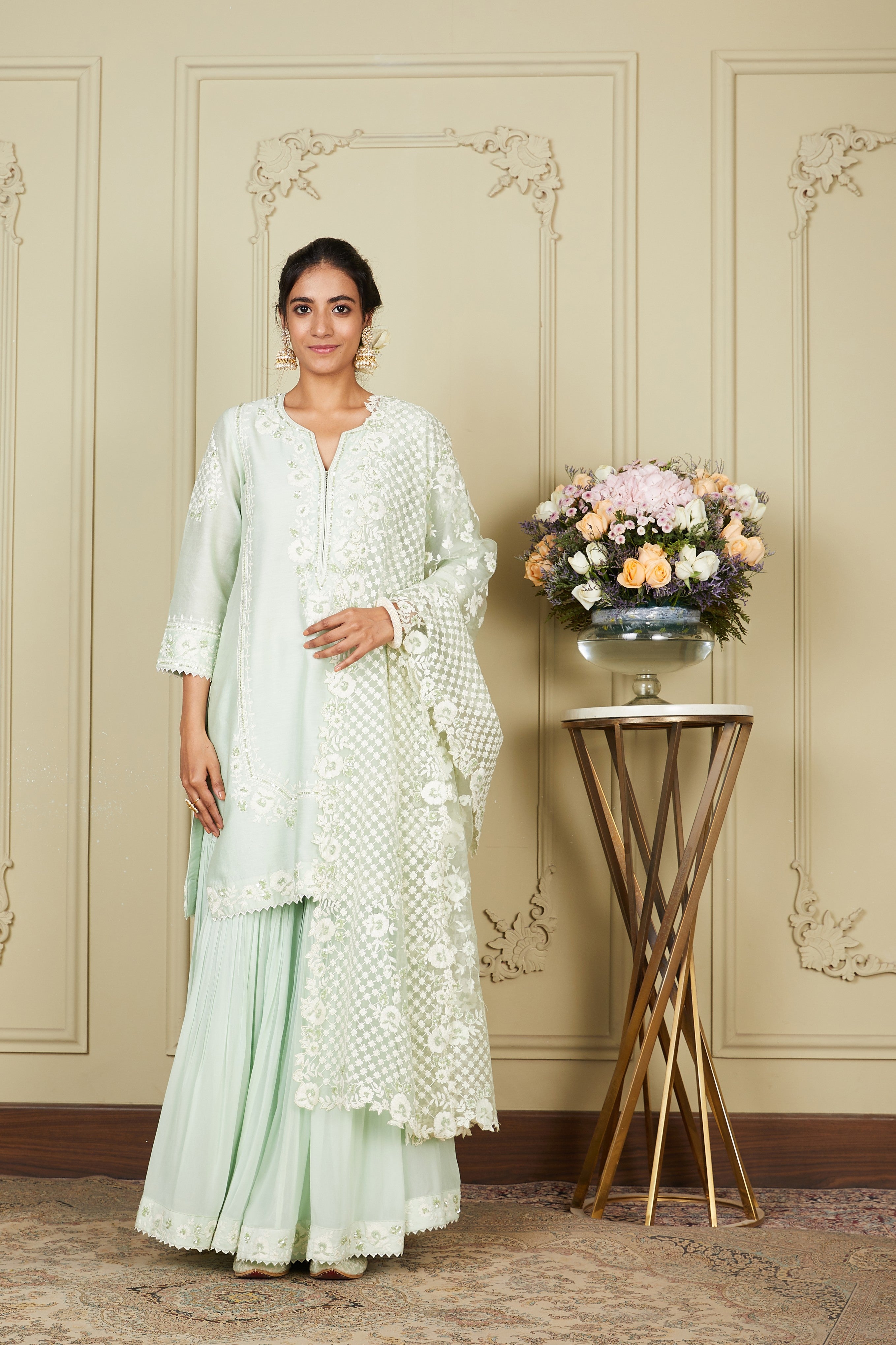 Nargis - Frosty Green Short kurta with garara and dupatta