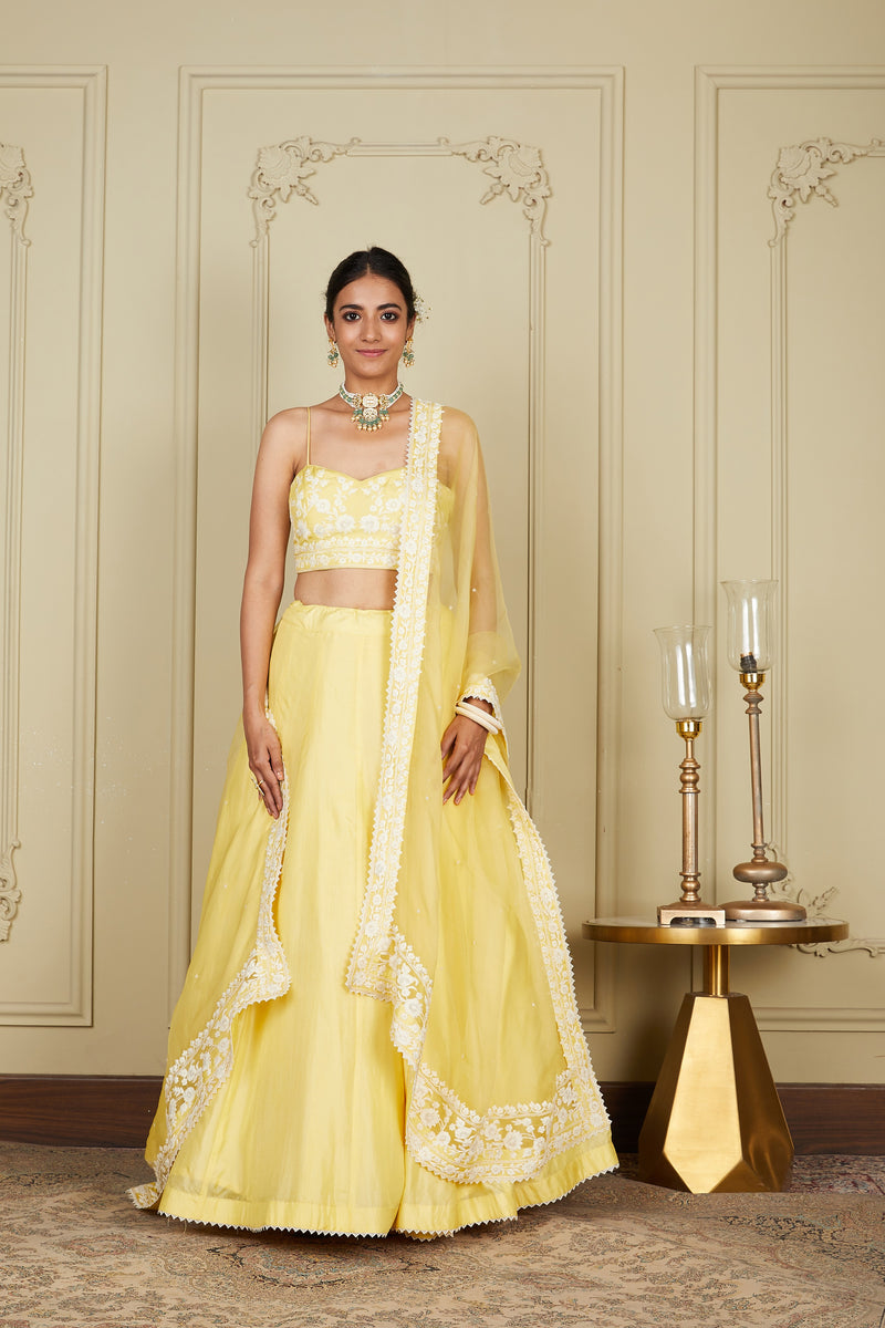 Fully Sequins Work Half Sleeves Blouse Yellow Color Flared Lehenga