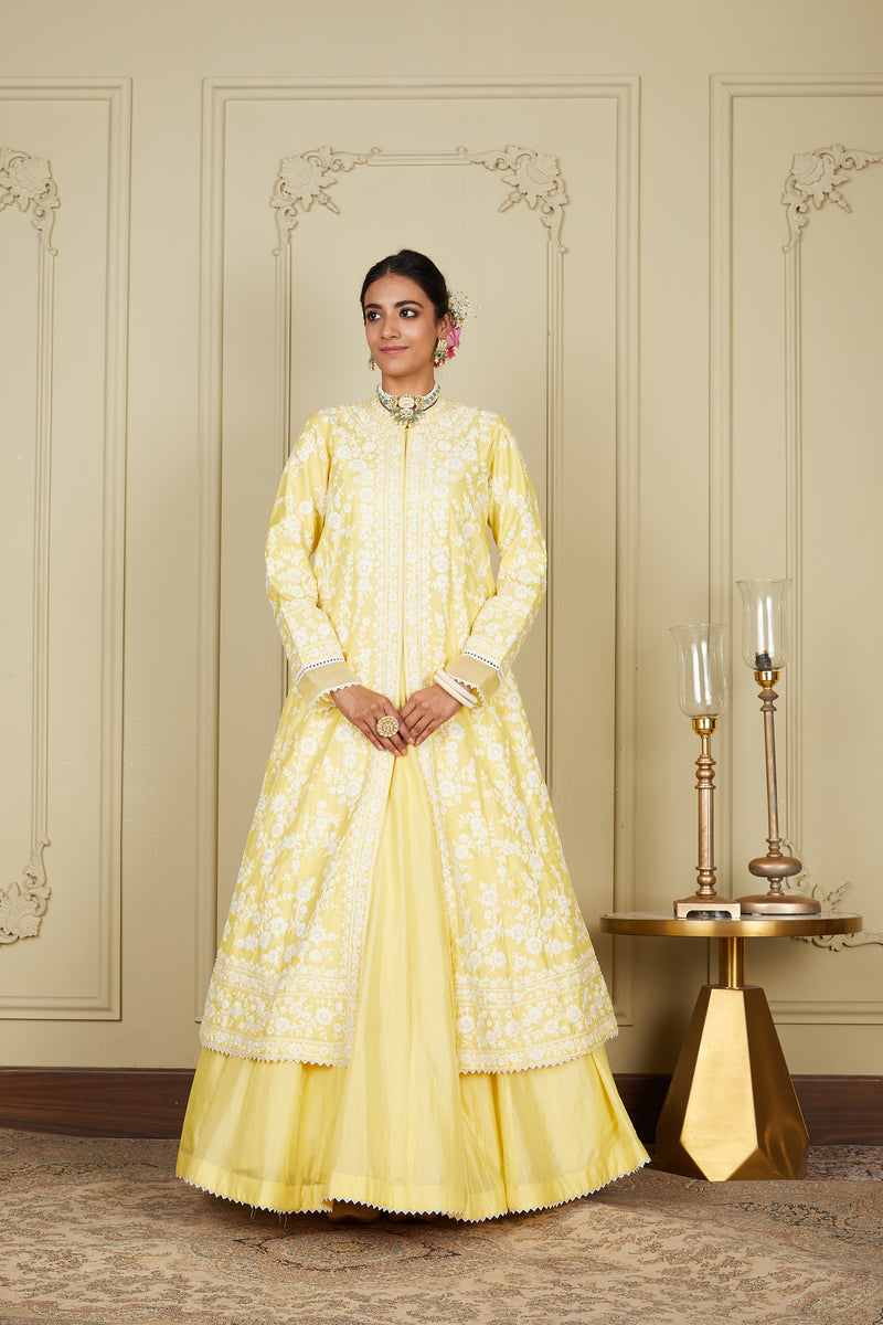 Zahria - Lemon Yellow Jacket, lehenga with blouse and dupatta