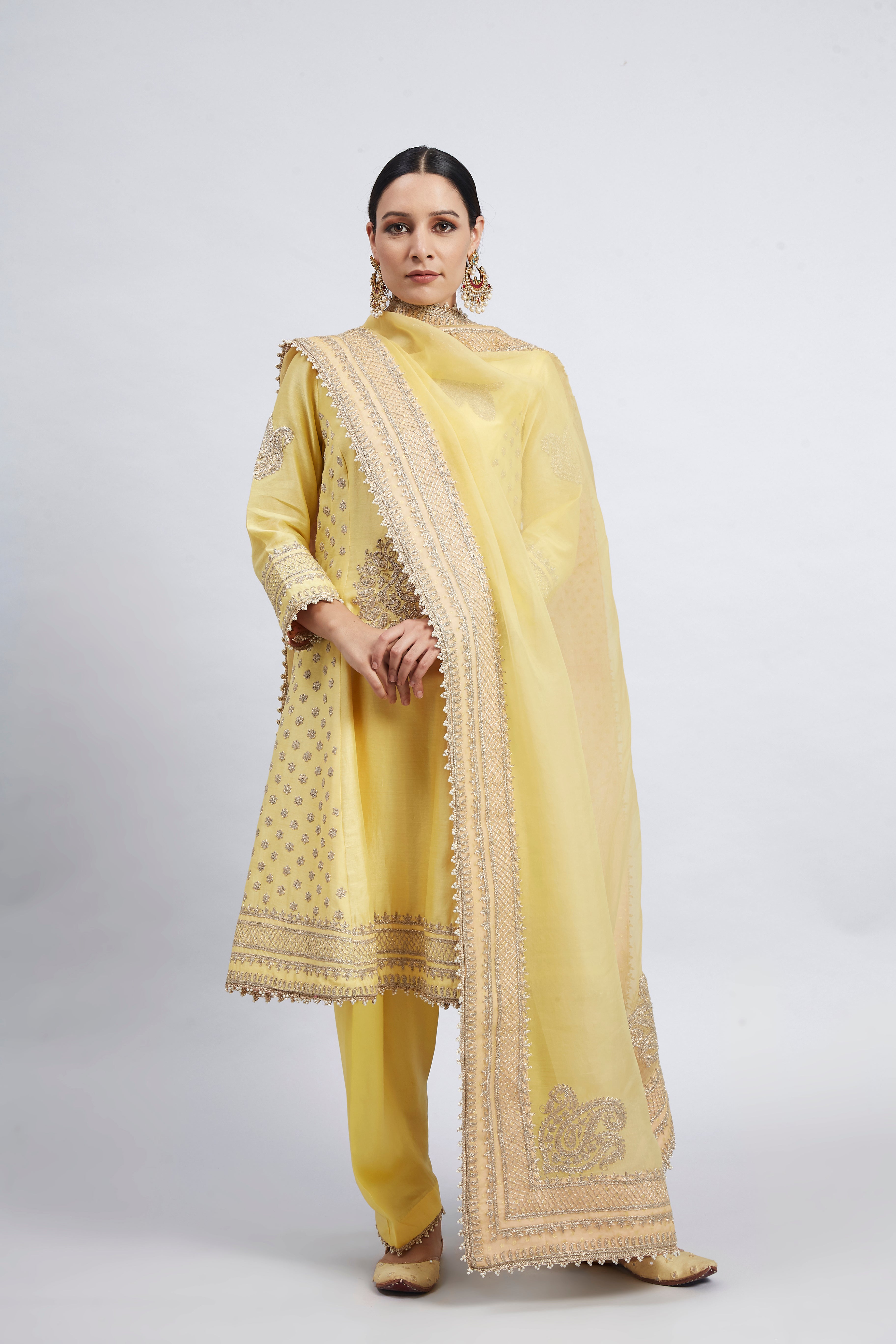 Naazira- Daffodil Yellow Tilla Embroidered Kurta Set