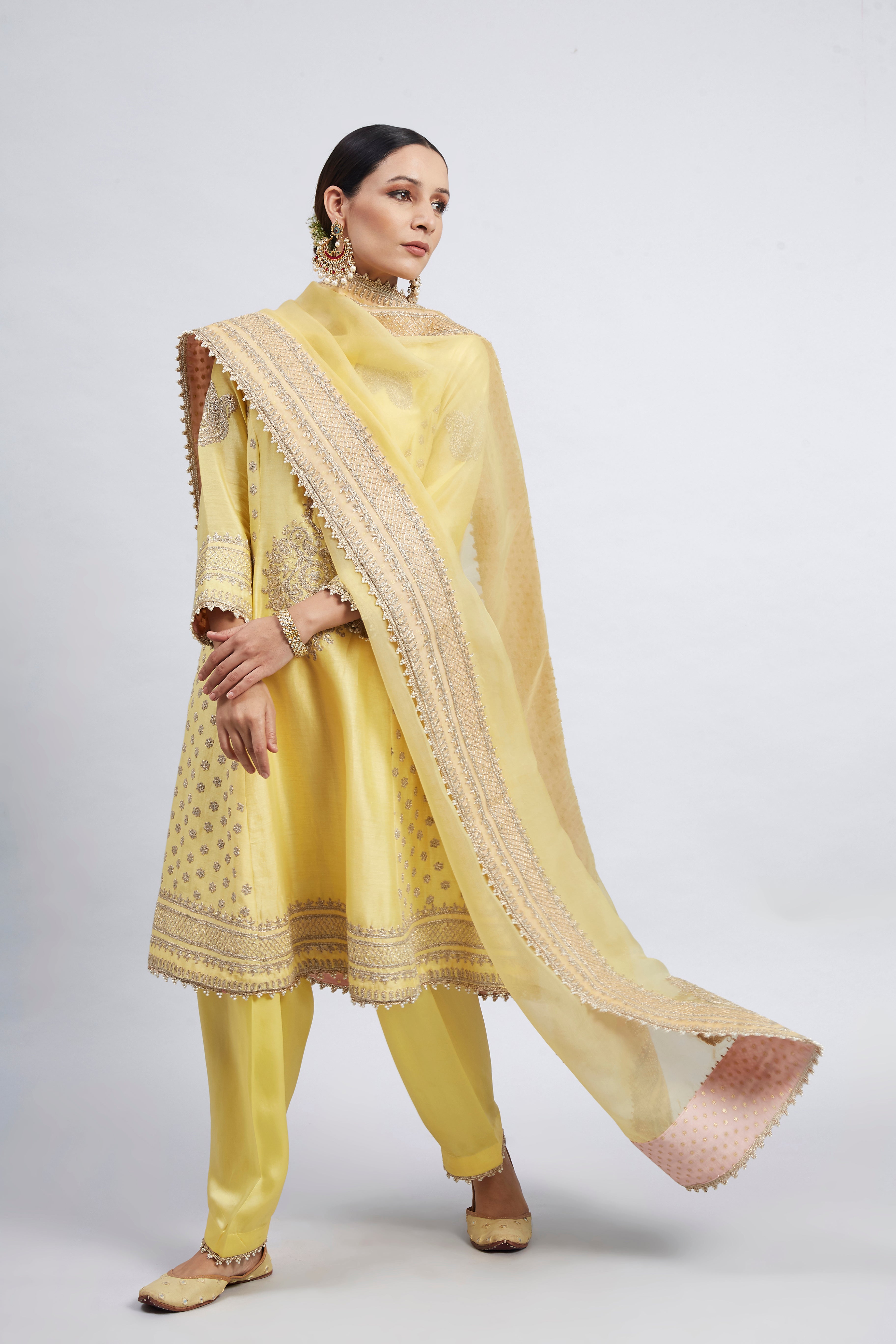 Naazira- Daffodil Yellow Tilla Embroidered Kurta Set