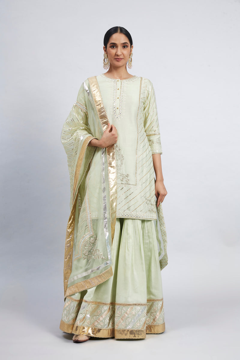 Eliza - Mint Green Chanderi Silk Kurta and Garara Set with Organza dupatta