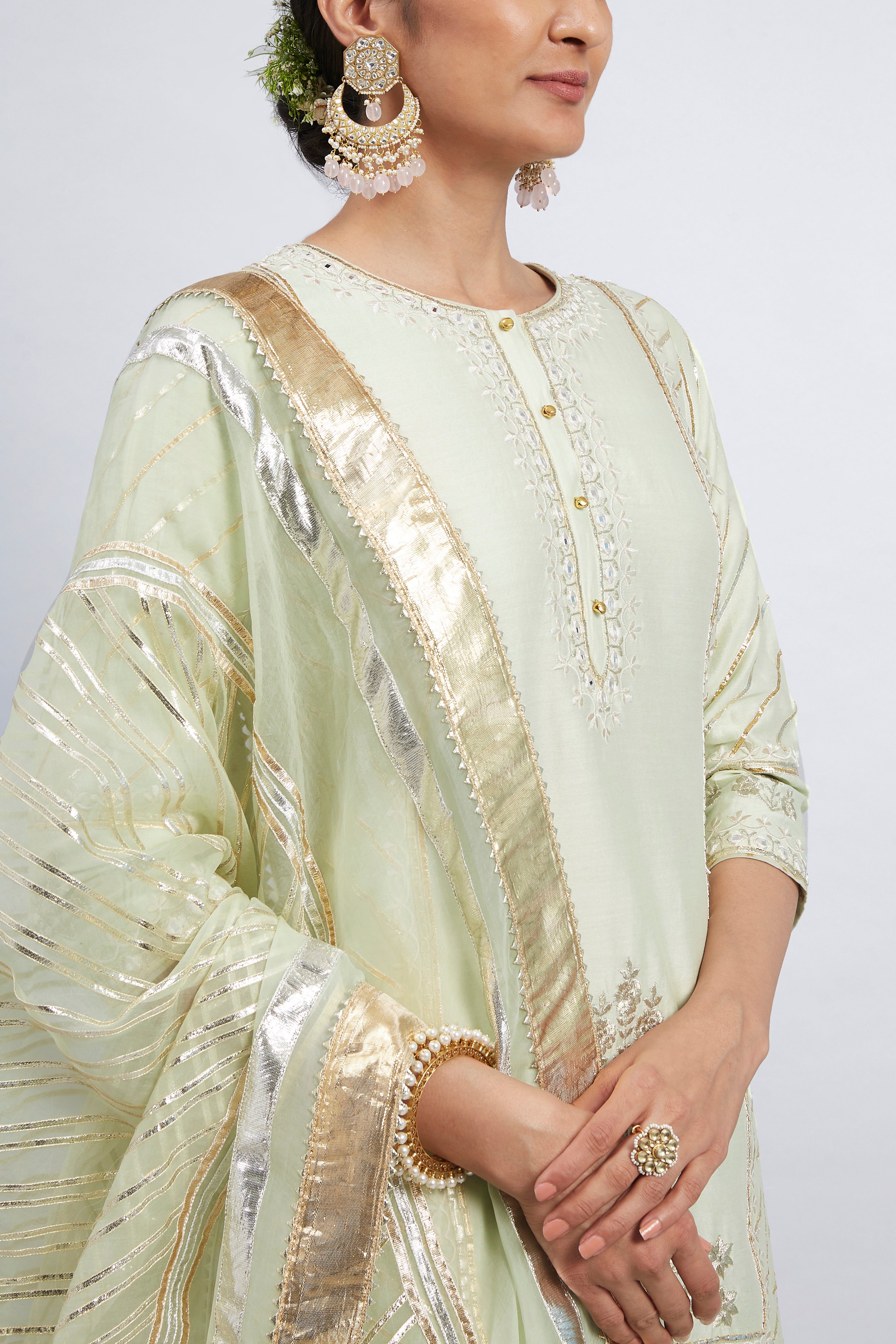 Eliza - Mint Green Chanderi Silk Kurta and Garara Set with Organza dupatta