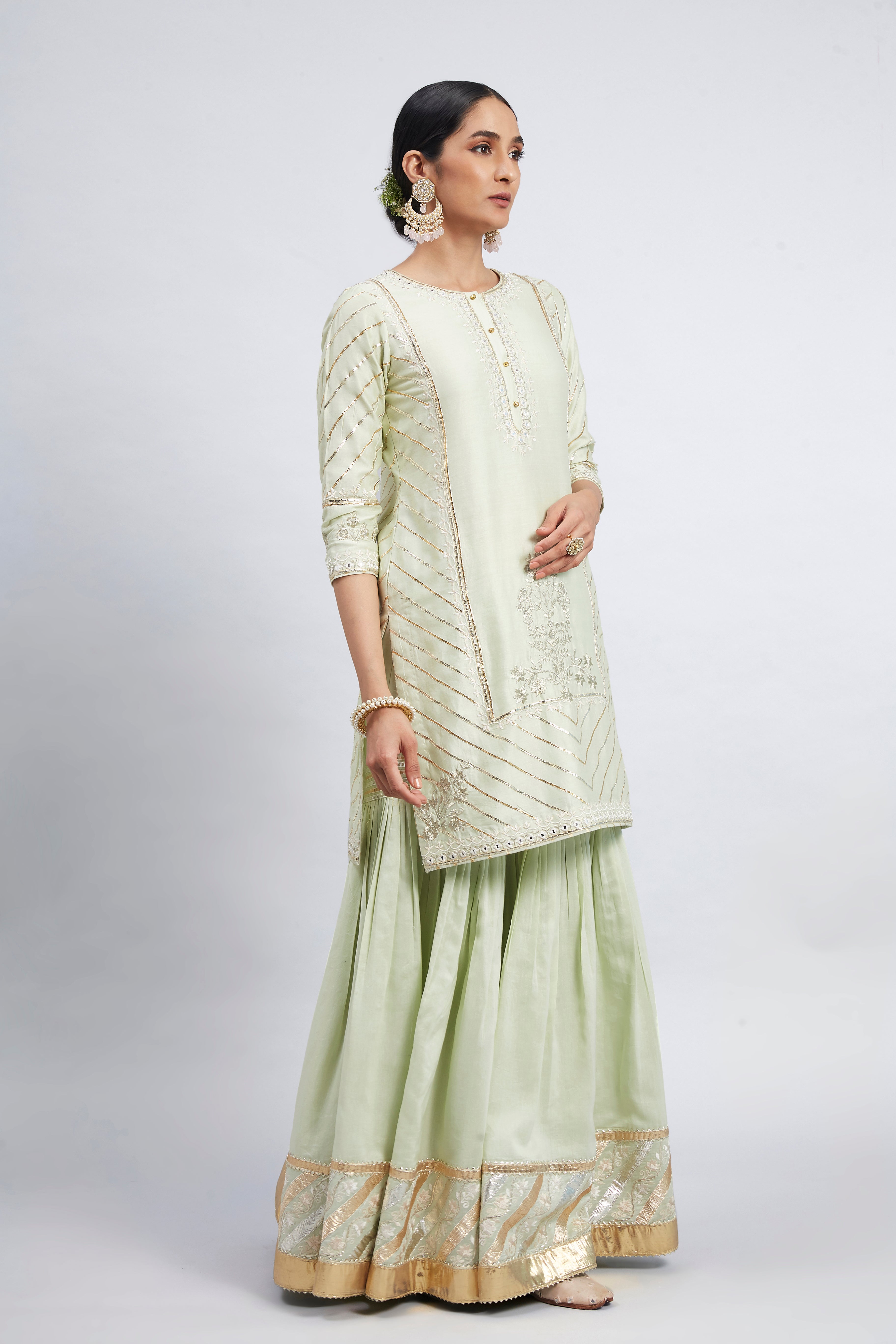 Eliza - Mint Green Chanderi Silk Kurta and Garara Set with Organza dupatta