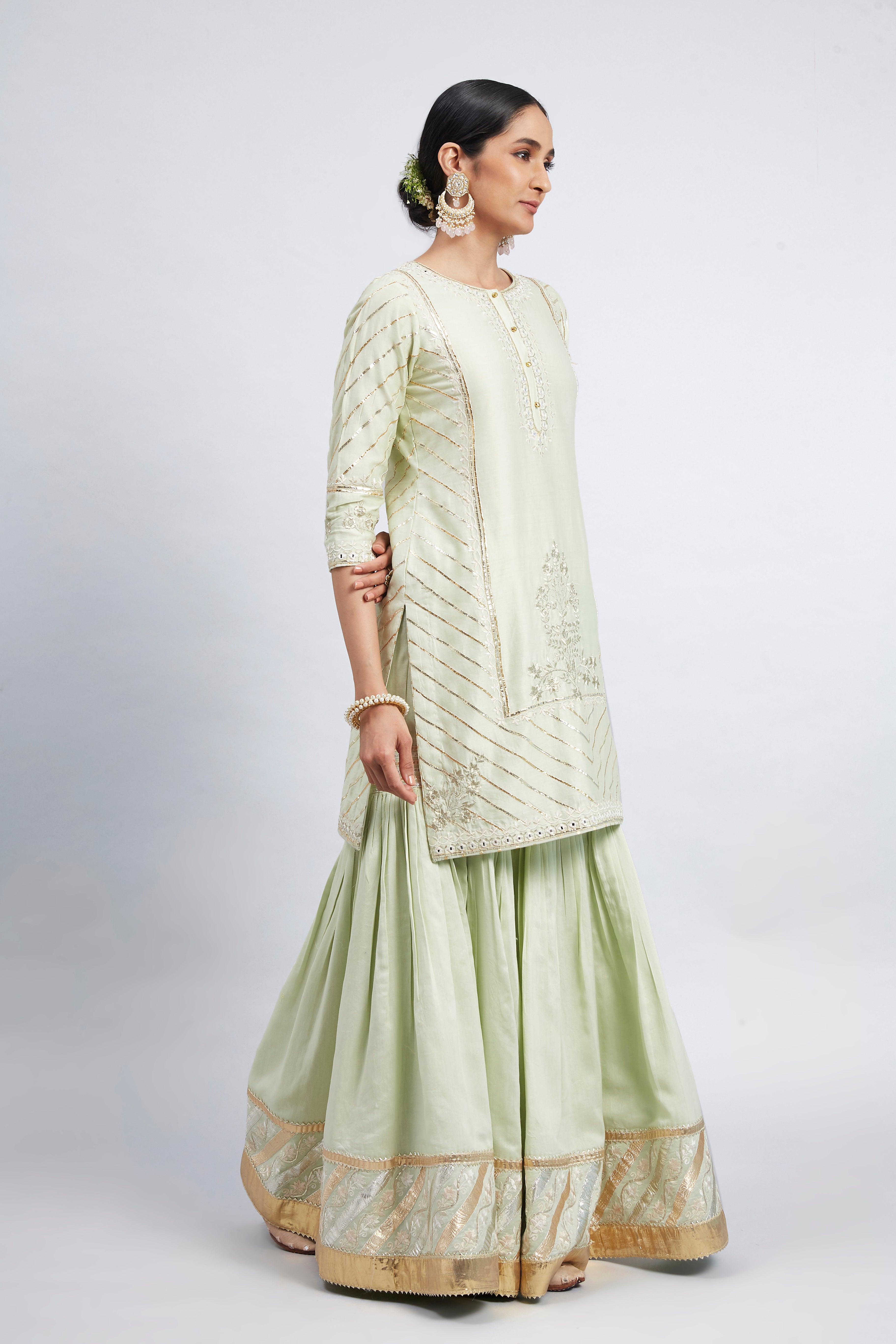 Eliza - Mint Green Chanderi Silk Kurta and Garara Set with Organza dupatta