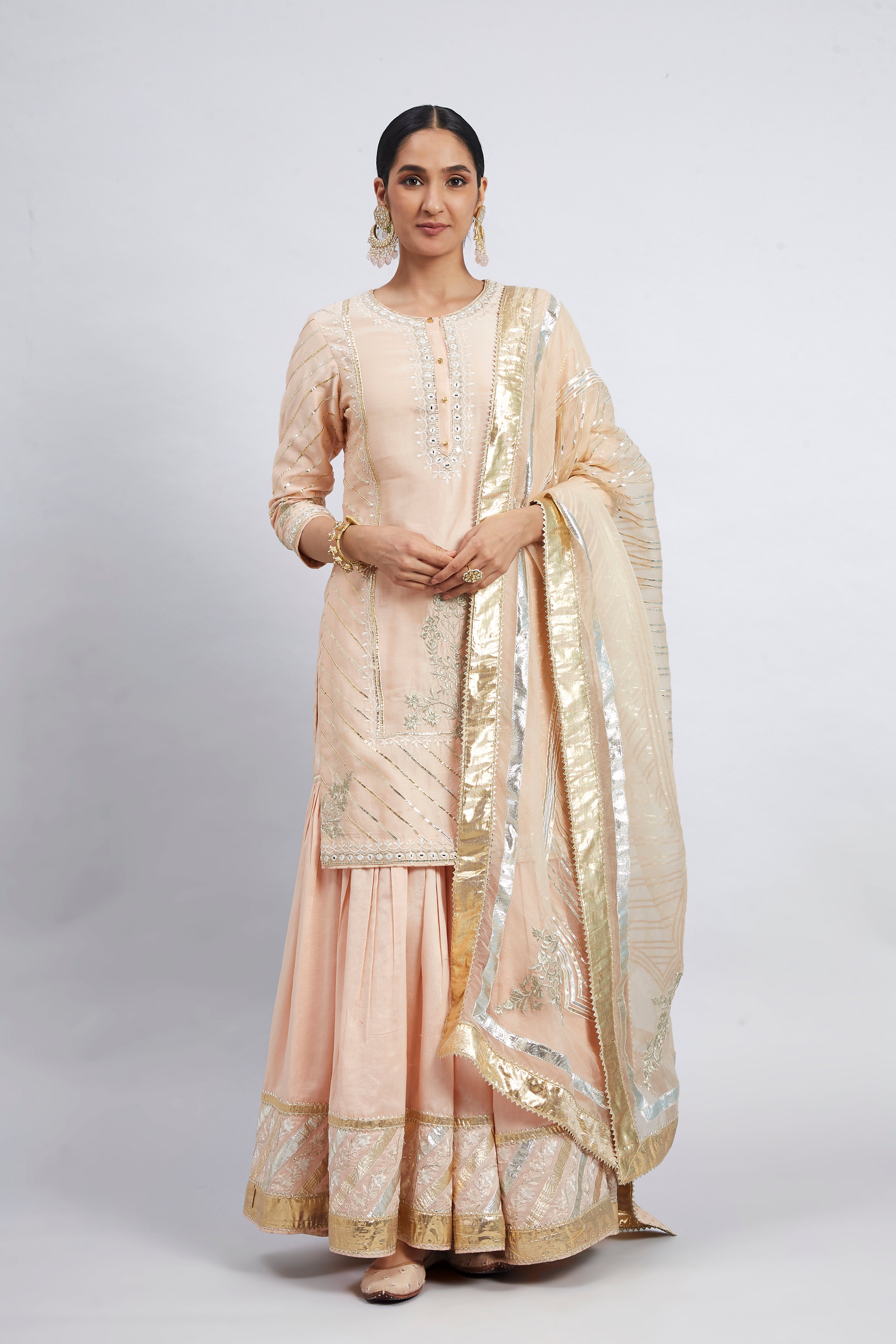 Eliza - Peach Chanderi Silk Kurta and Garara Set with Organza dupatta