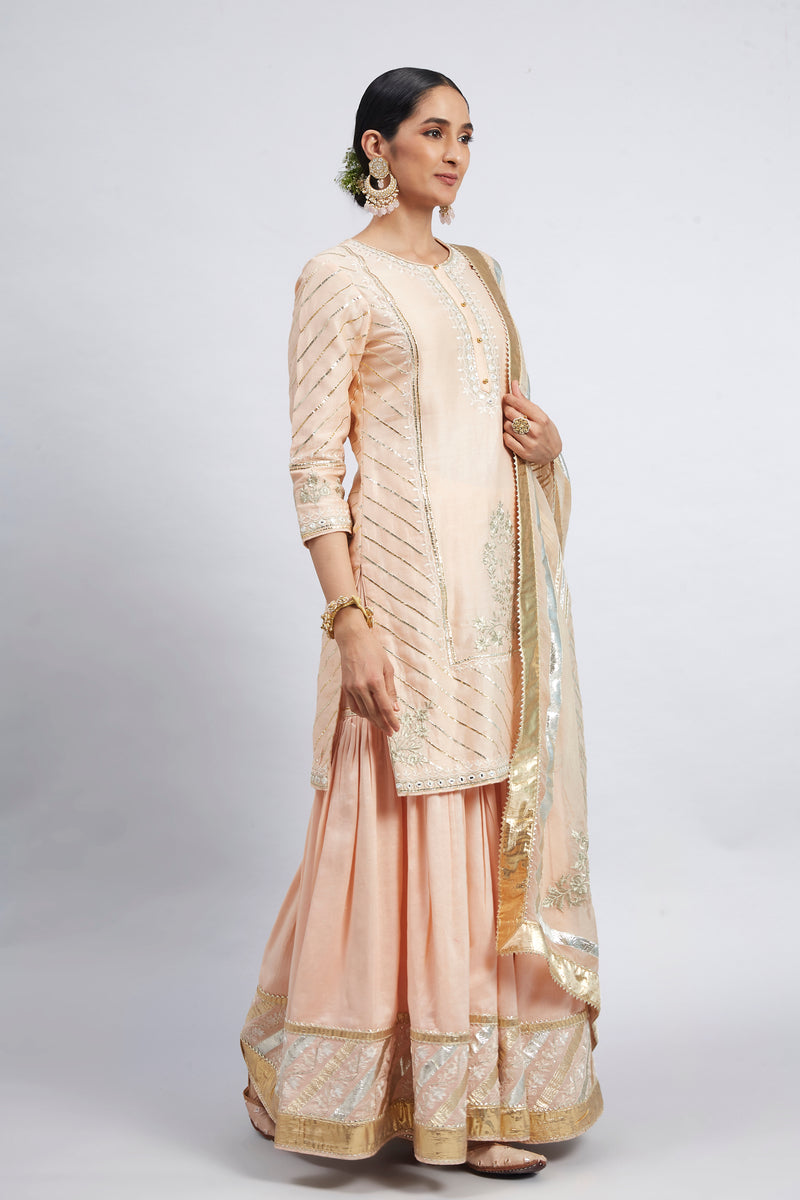 Eliza - Peach Chanderi Silk Kurta and Garara Set with Organza dupatta