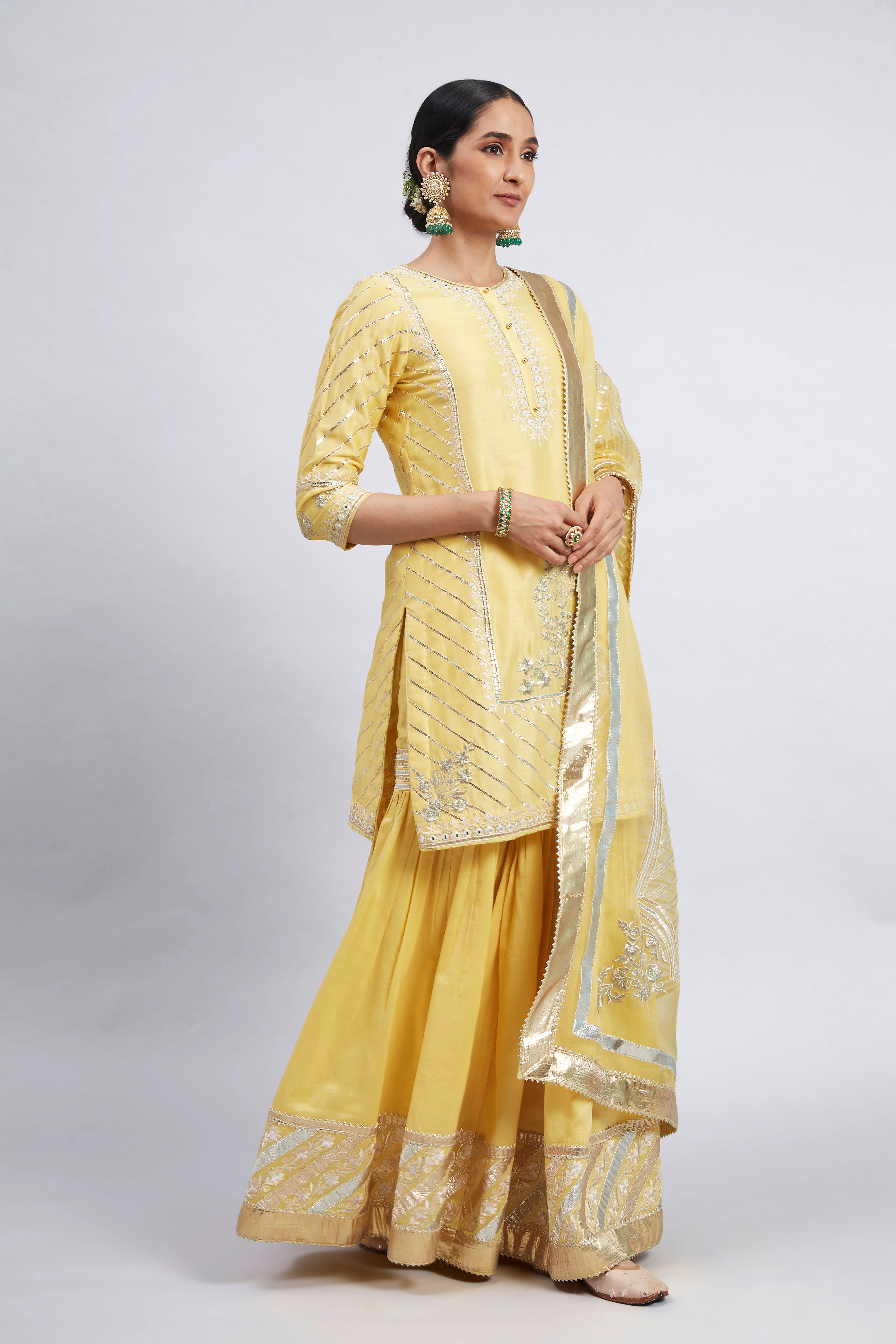 Eliza - Daffodil Yellow Chanderi Silk Kurta and Garara Set with Organza dupatta