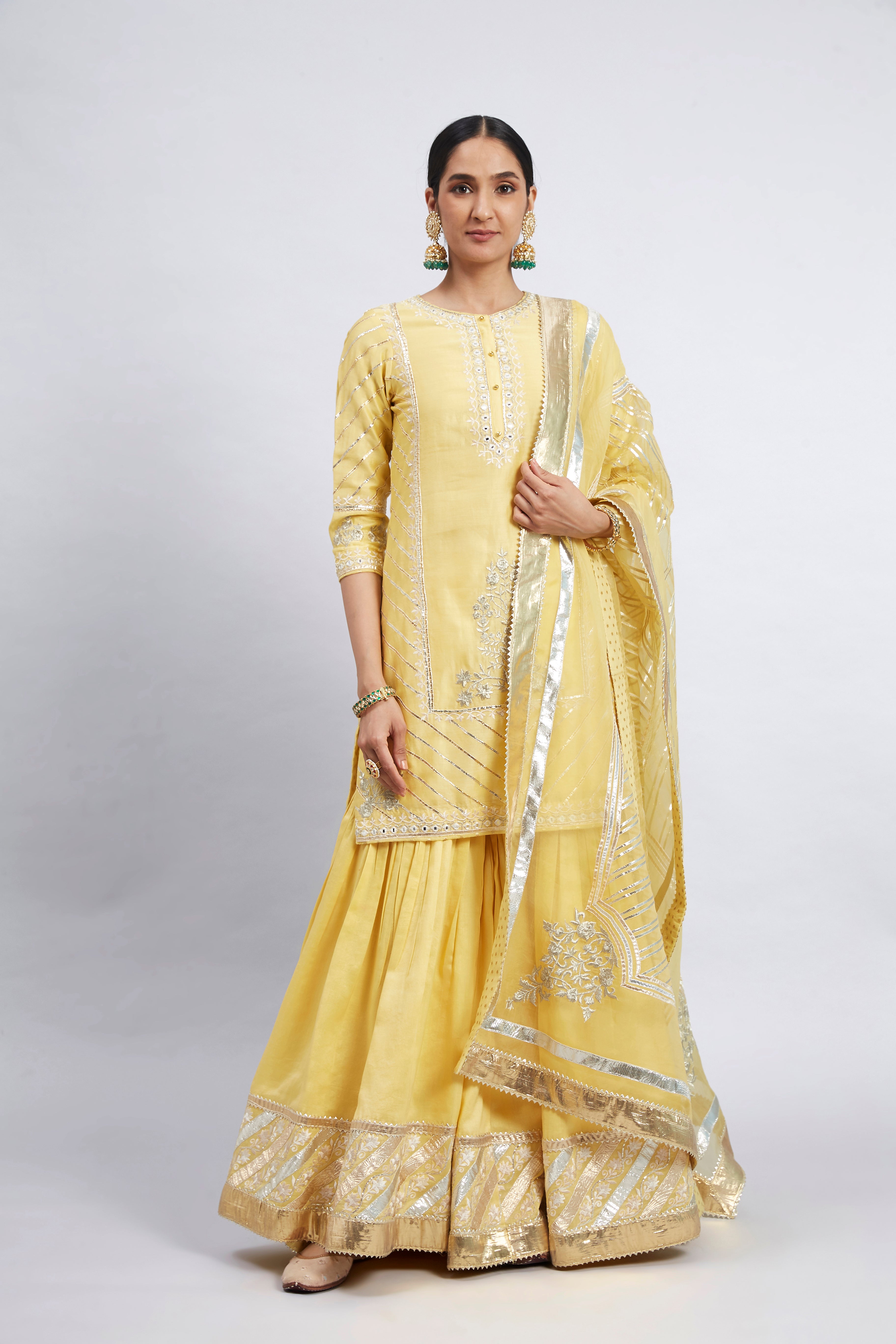 Eliza - Daffodil Yellow Chanderi Silk Kurta and Garara Set with Organza dupatta