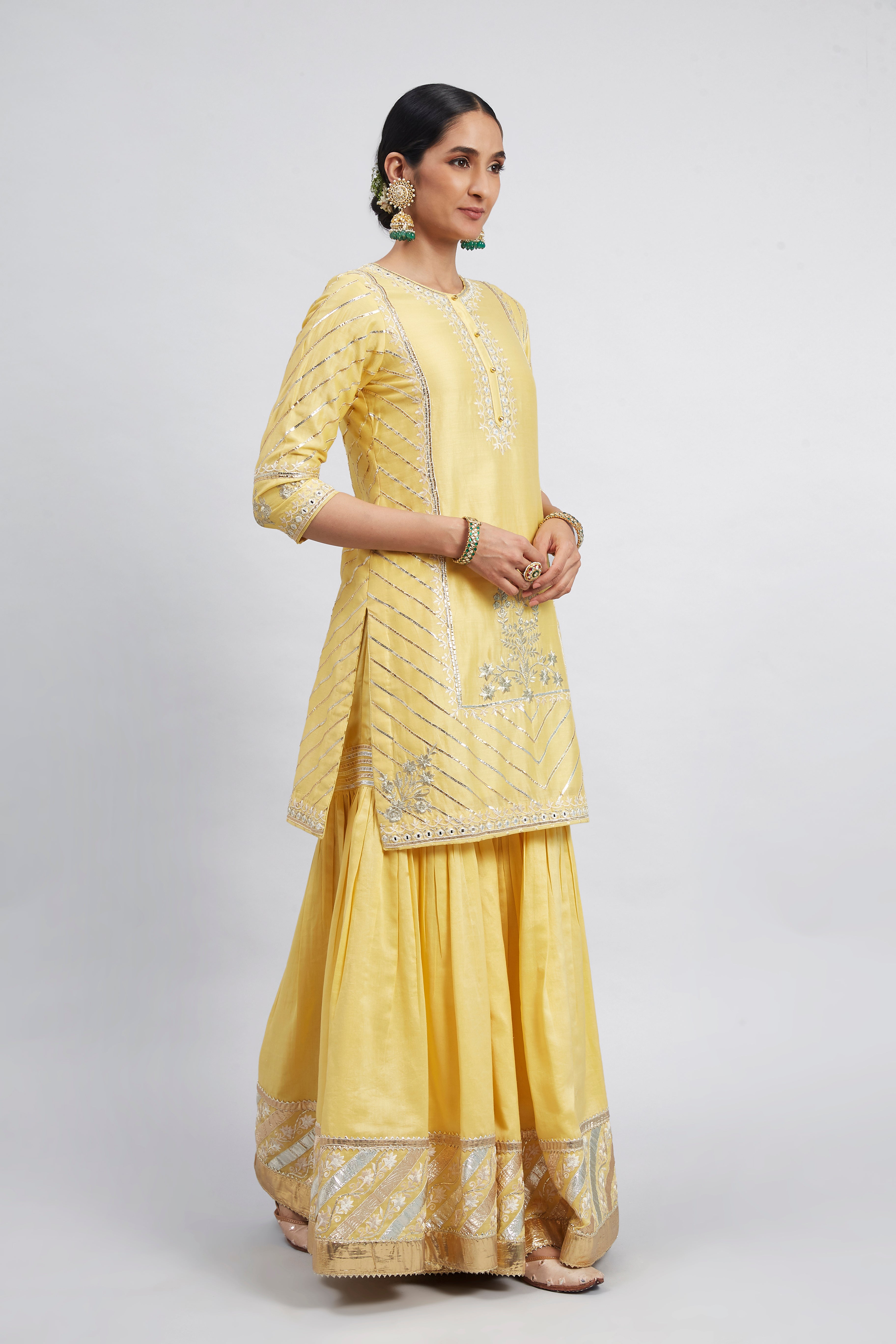 Eliza - Daffodil Yellow Chanderi Silk Kurta and Garara Set with Organza dupatta