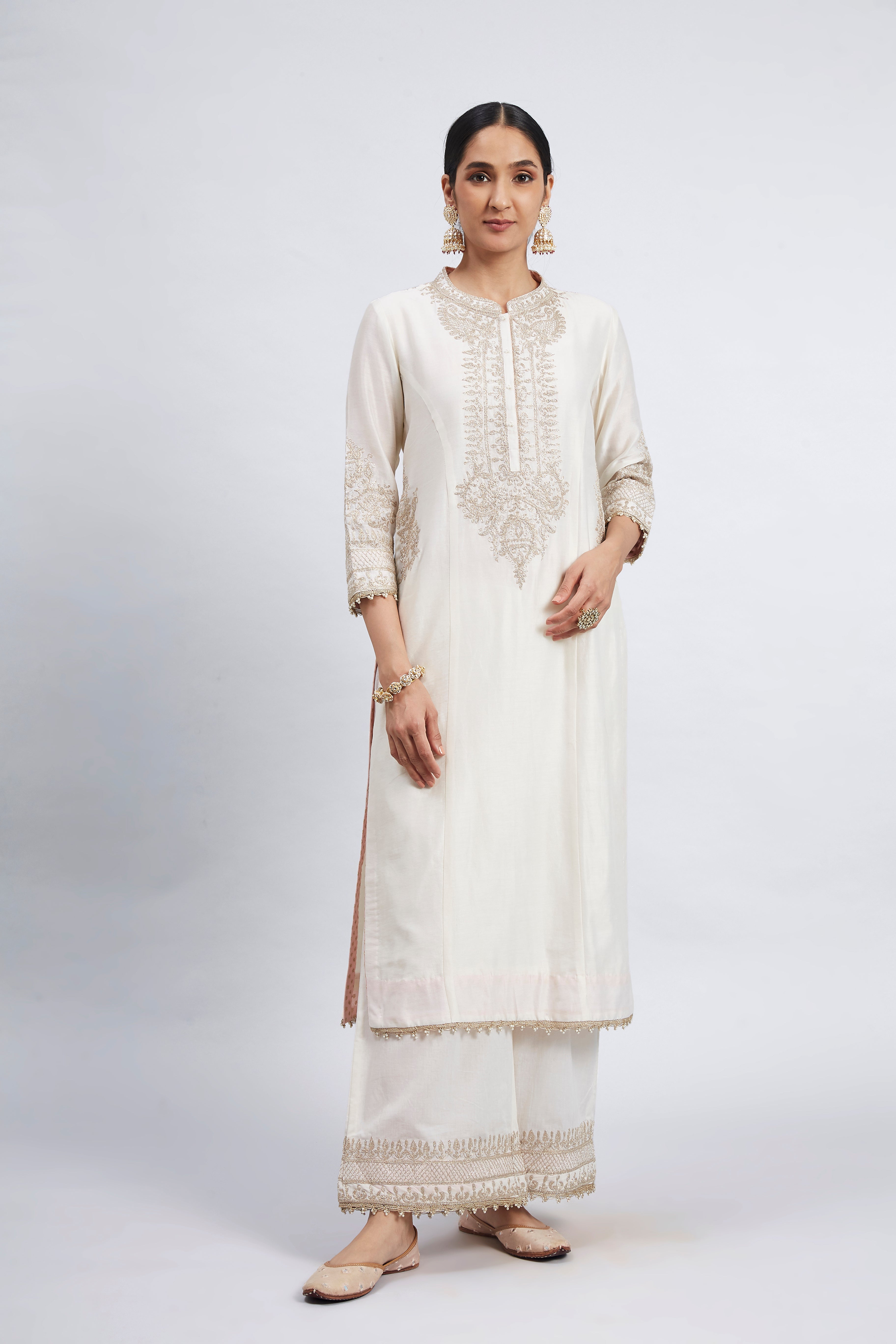 Aadah- White Princess-Cut Long Kurta Set