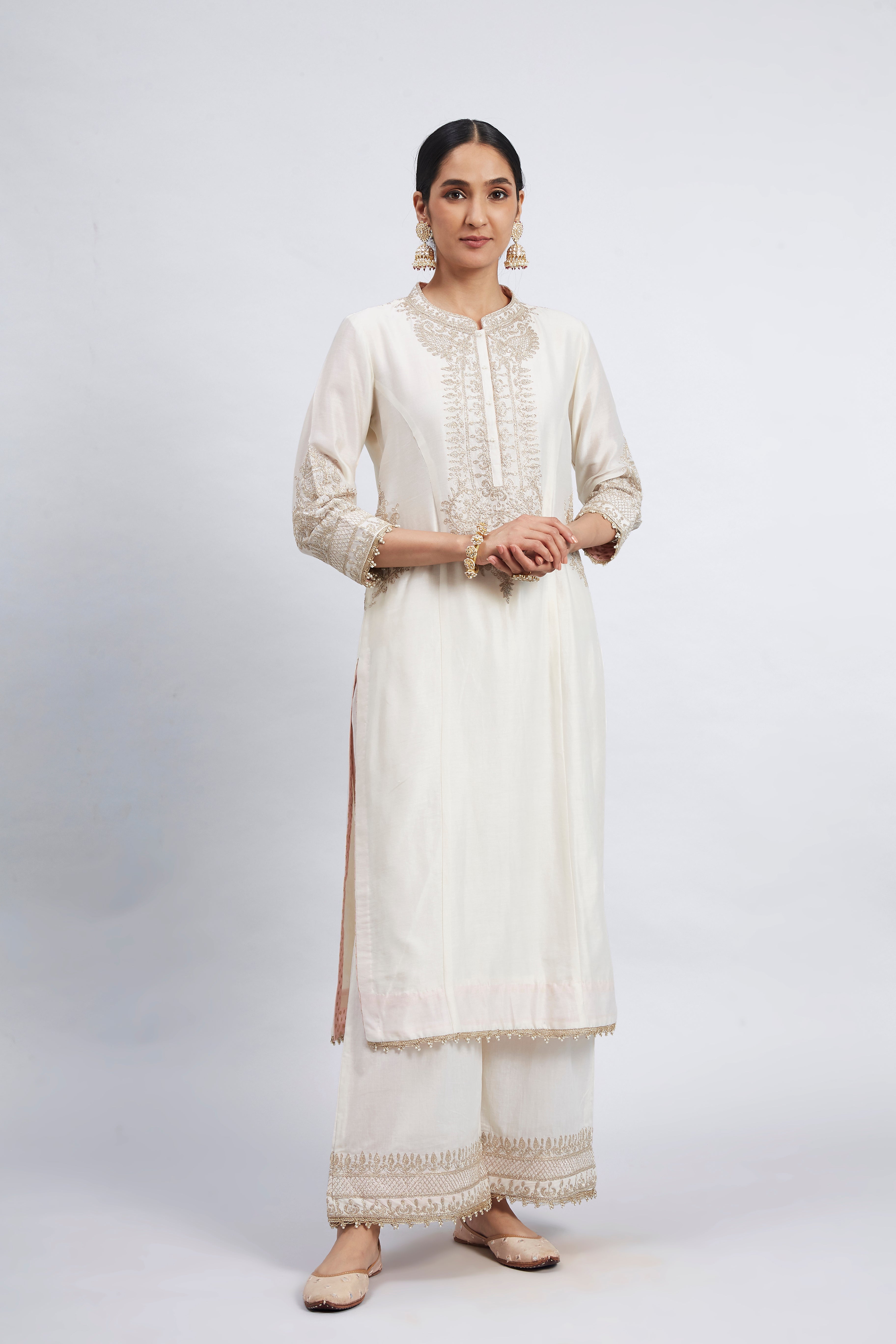 Aadah- White Princess-Cut Long Kurta Set