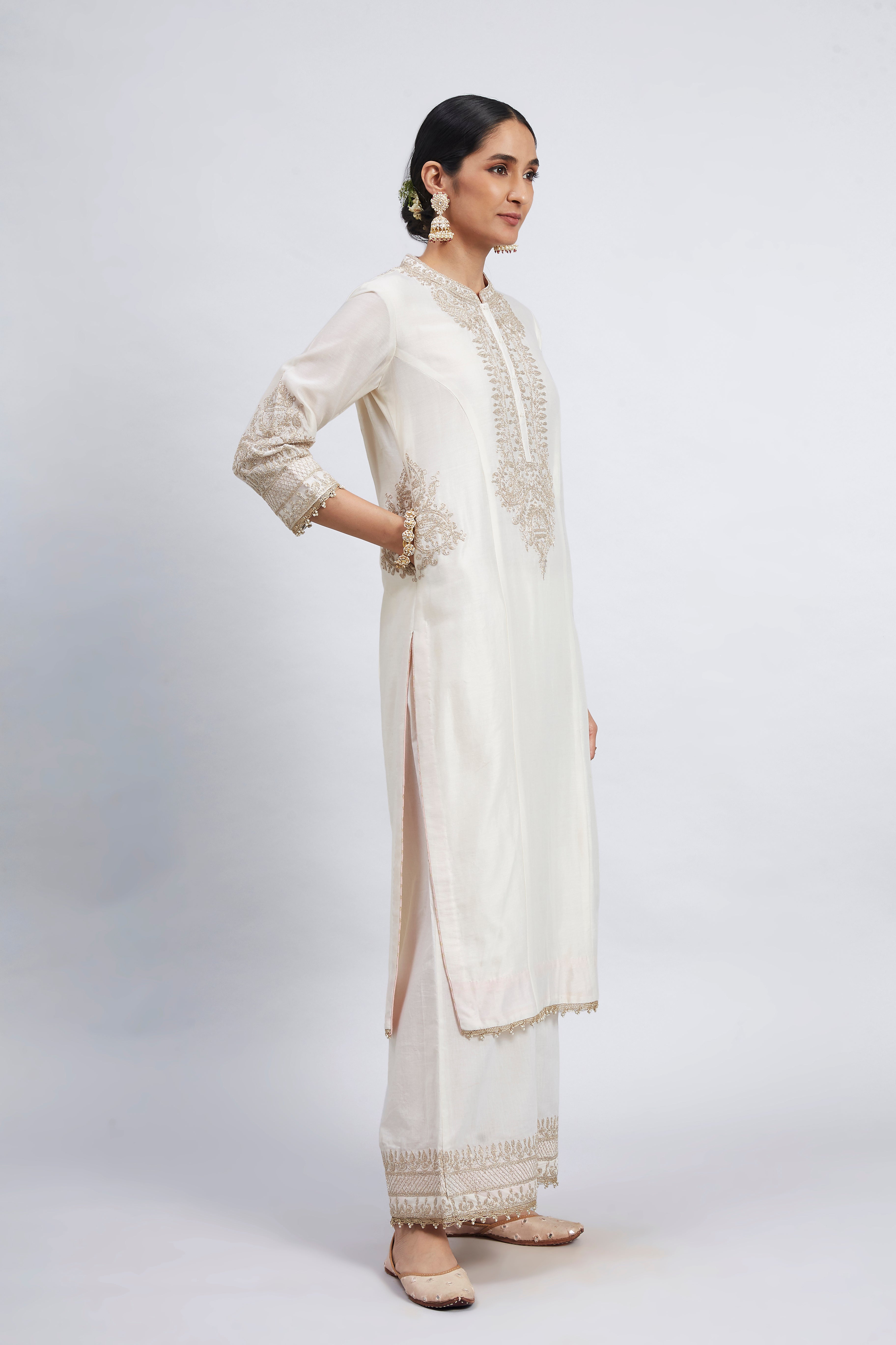 Aadah- White Princess-Cut Long Kurta Set