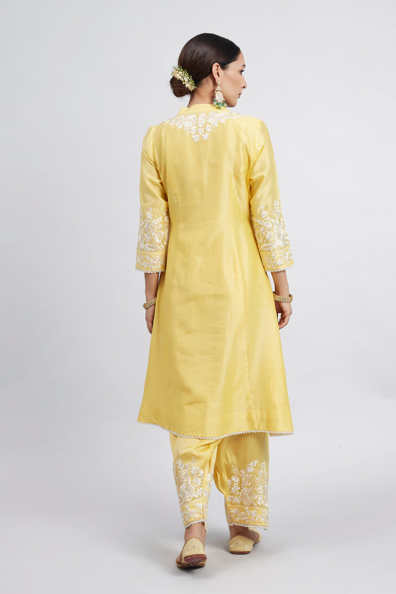 Kaina- Daffodil Yellow Pure chanderi silk embroidered ensemble