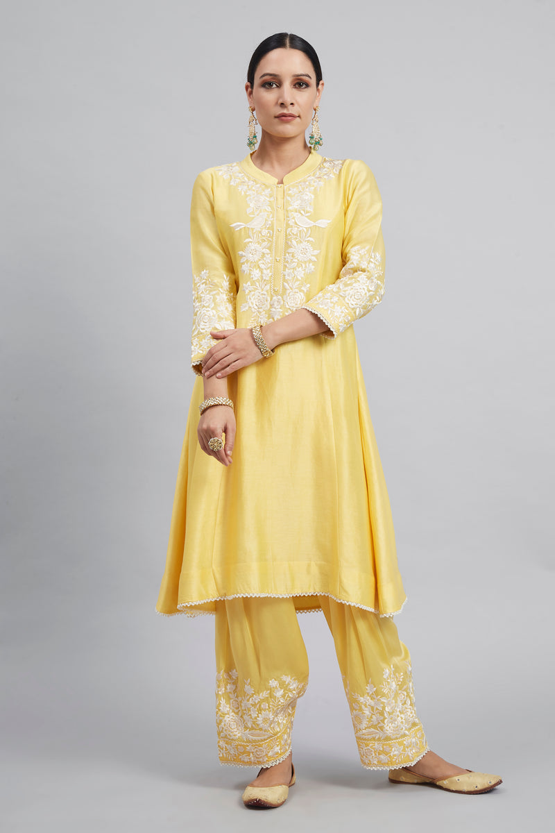 Kaina- Daffodil Yellow Pure chanderi silk embroidered ensemble