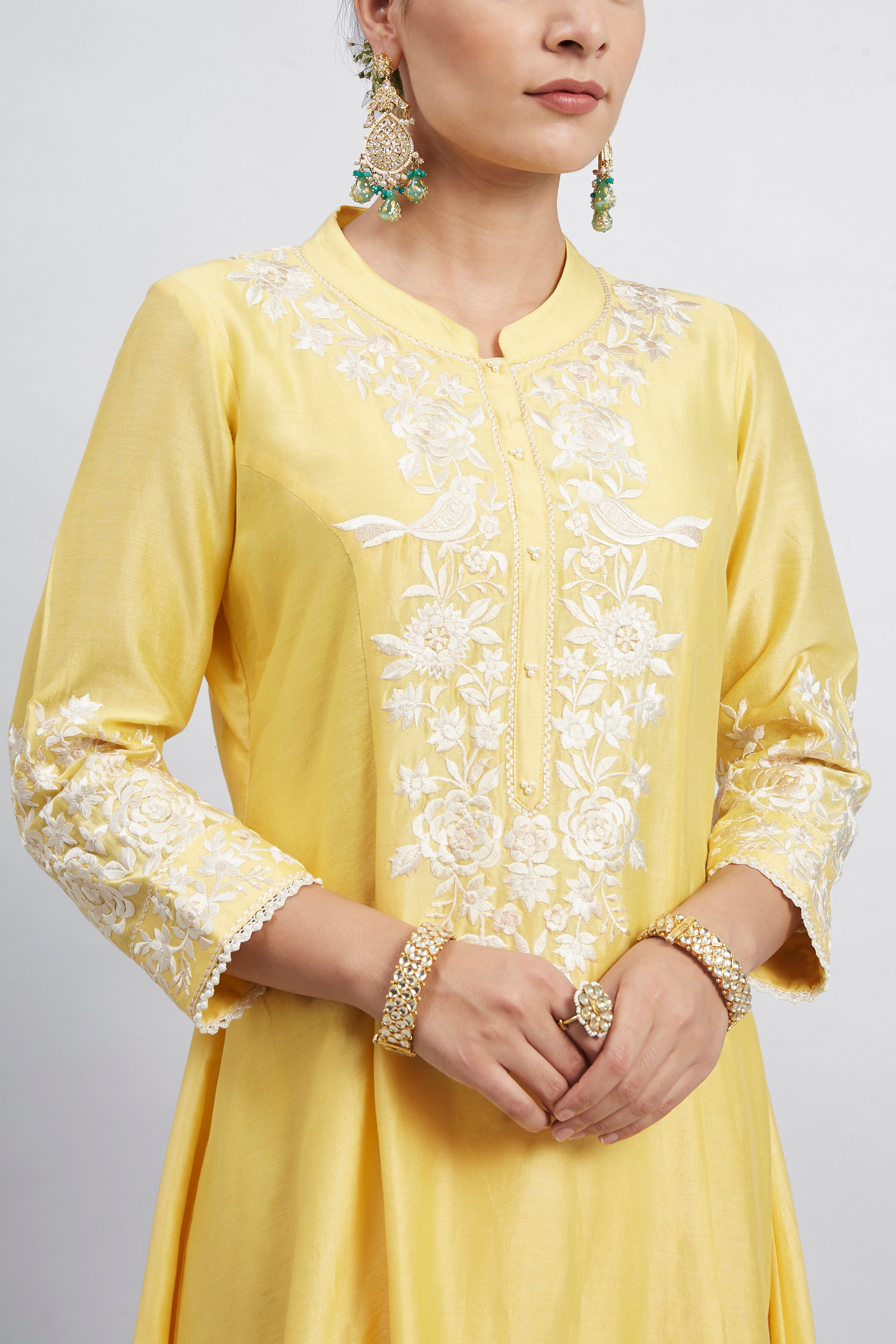 Kaina- Daffodil Yellow Pure chanderi silk embroidered ensemble