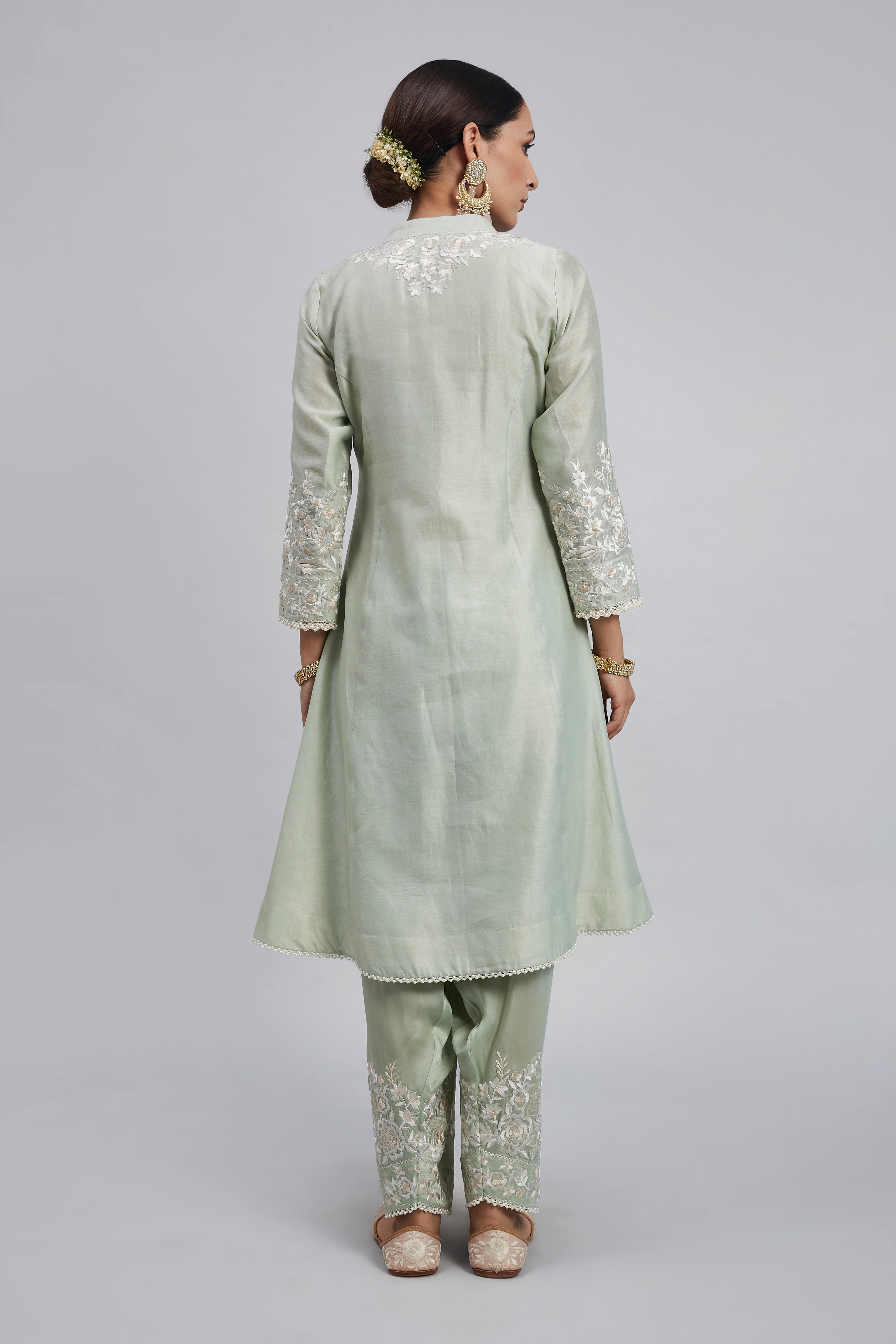 Kaina- Mint Green Pure chanderi silk Parsi-gara embroidered ensemble