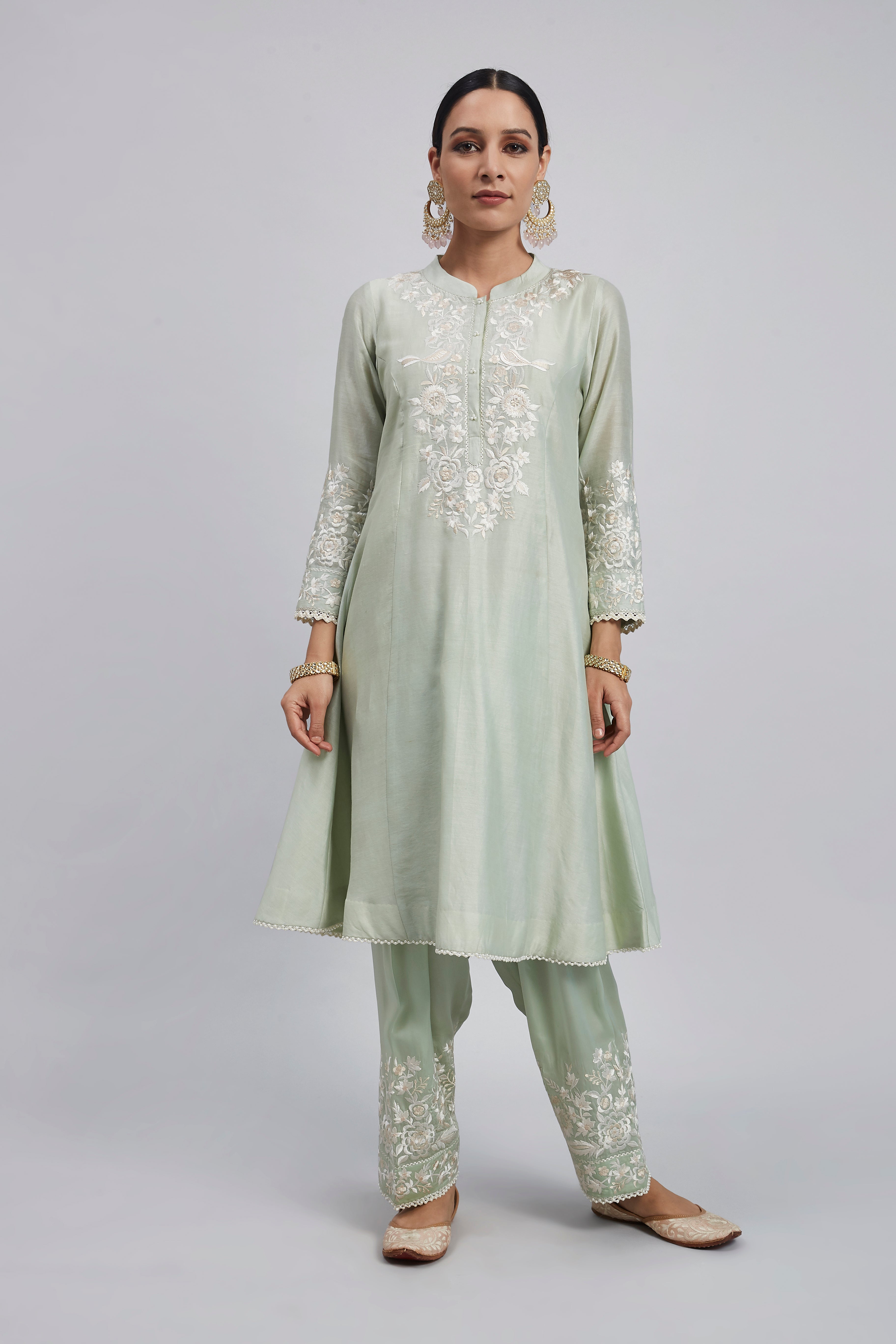 Kaina- Mint Green Pure chanderi silk Parsi-gara embroidered ensemble