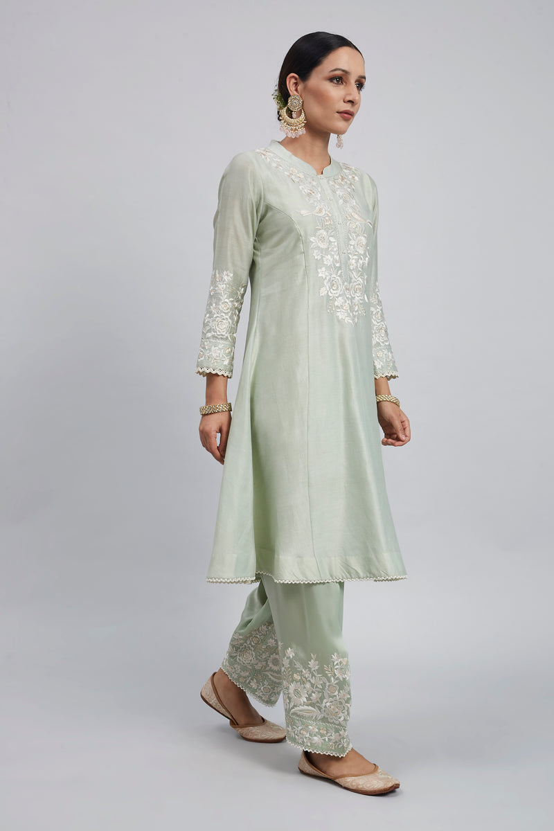 Kaina- Mint Green Pure chanderi silk Parsi-gara embroidered ensemble