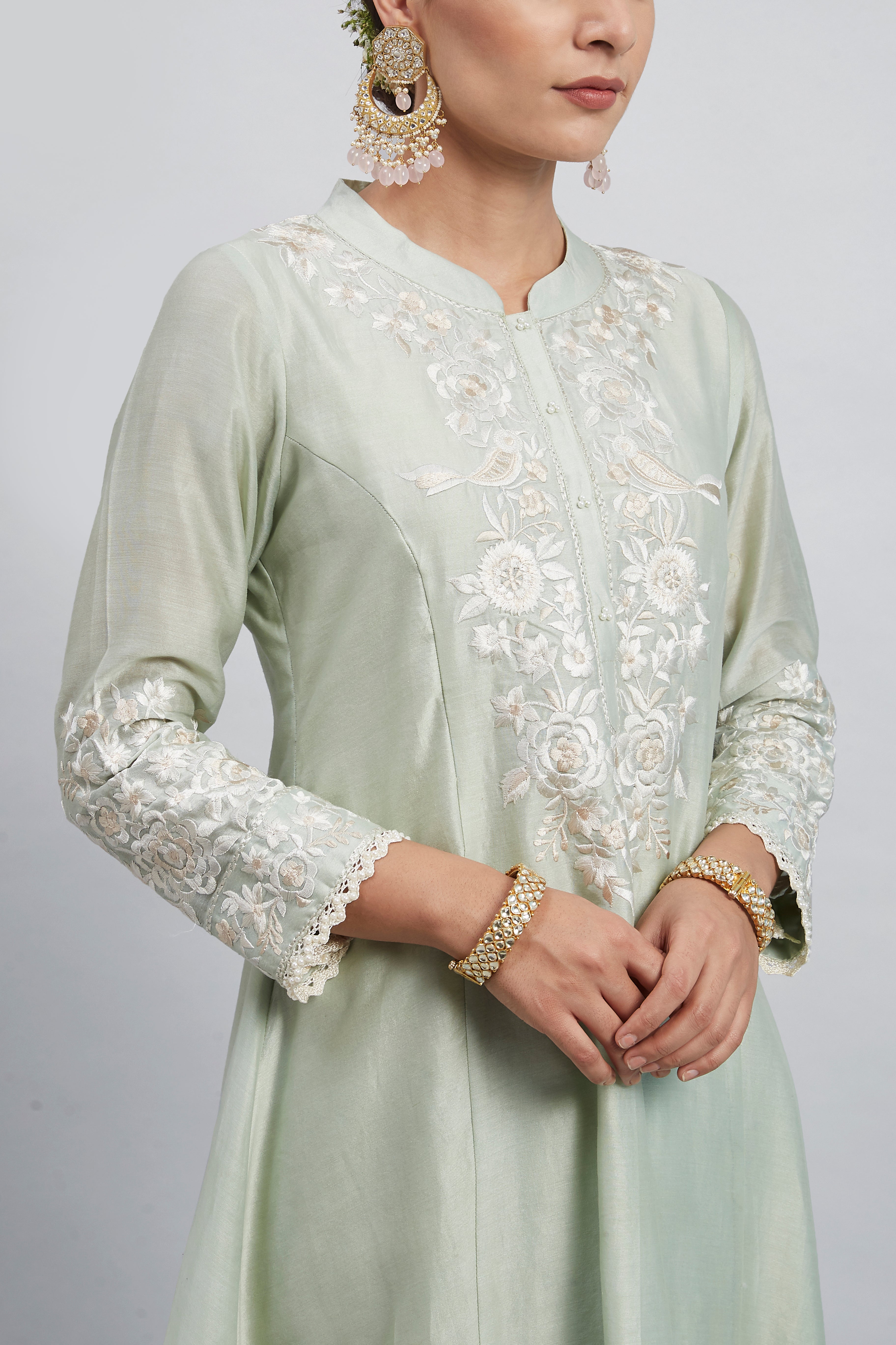 Kaina- Mint Green Pure chanderi silk Parsi-gara embroidered ensemble