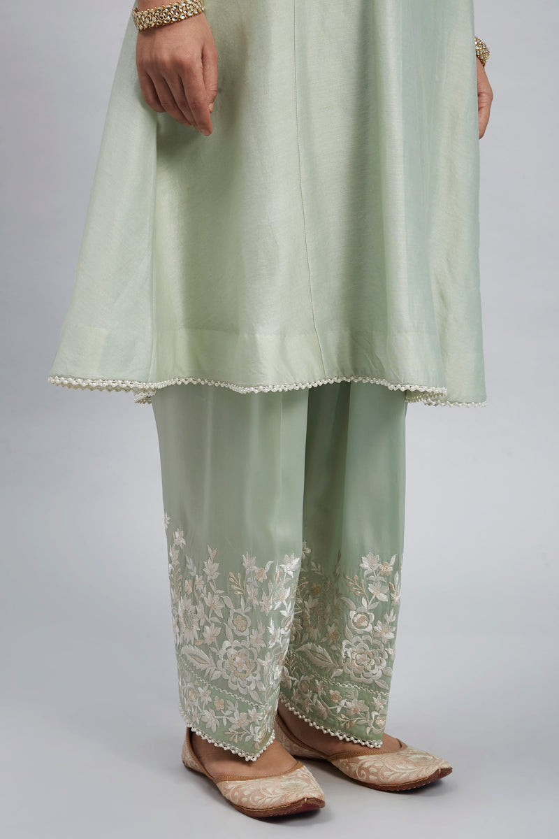 Kaina- Mint Green Pure chanderi silk Parsi-gara embroidered ensemble