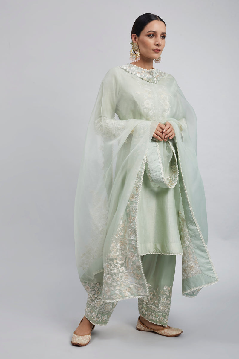 Kaina- Mint Green Pure chanderi silk Parsi-gara embroidered ensemble
