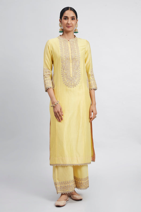 Aadirah- Daffodil Yellow Embroidered Kurta Set With Side Pockets