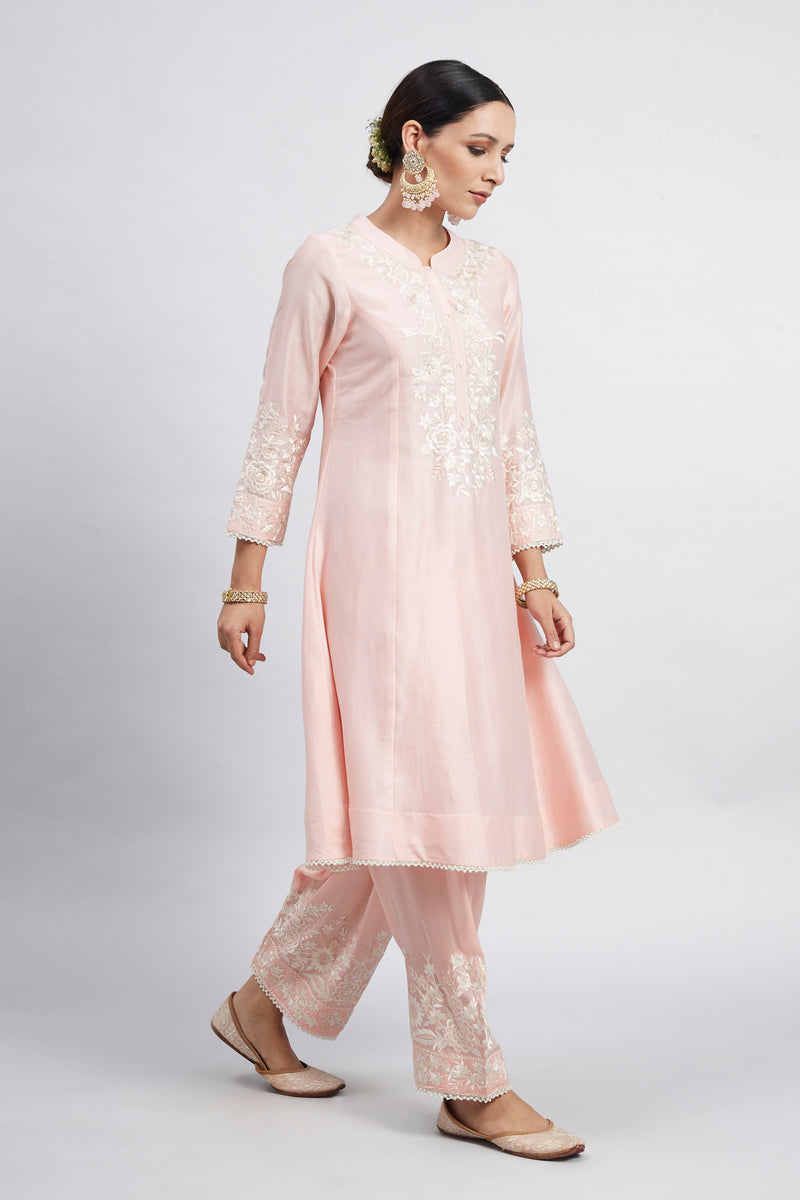 Kaina- Soft Pink Pure chanderi silk Parsi-gara embroidered ensemble