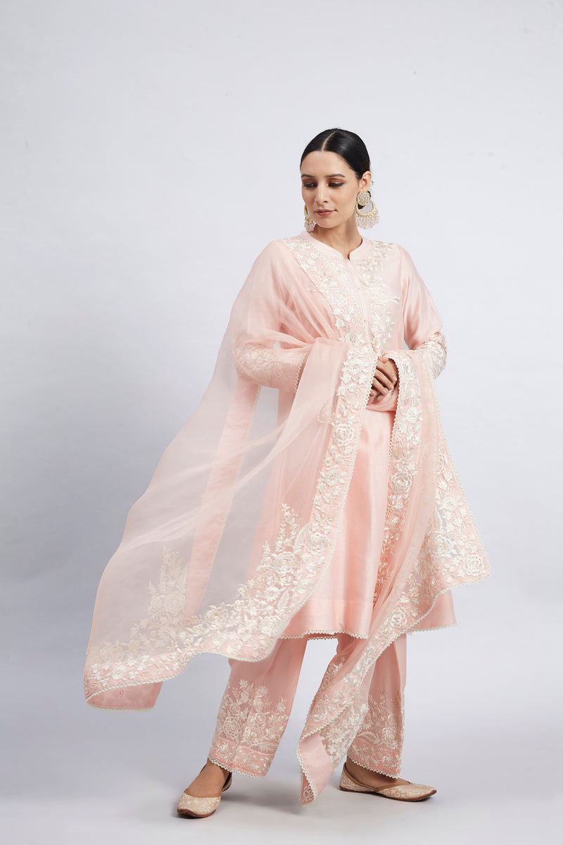 Kaina- Soft Pink Pure chanderi silk Parsi-gara embroidered ensemble