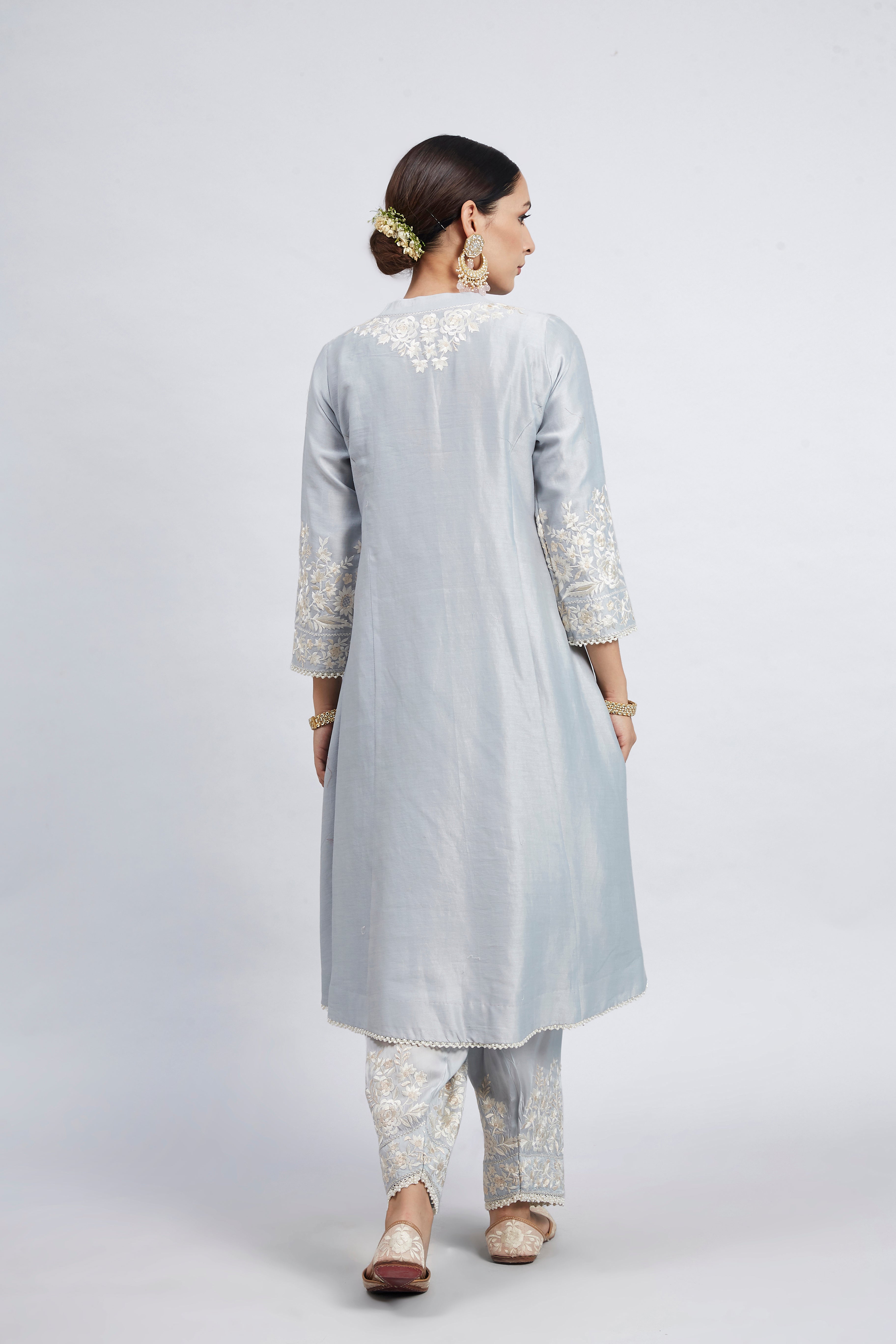 Kaina- Teal Blue Pure chanderi silk Parsi-gara Embroidered Ensemble