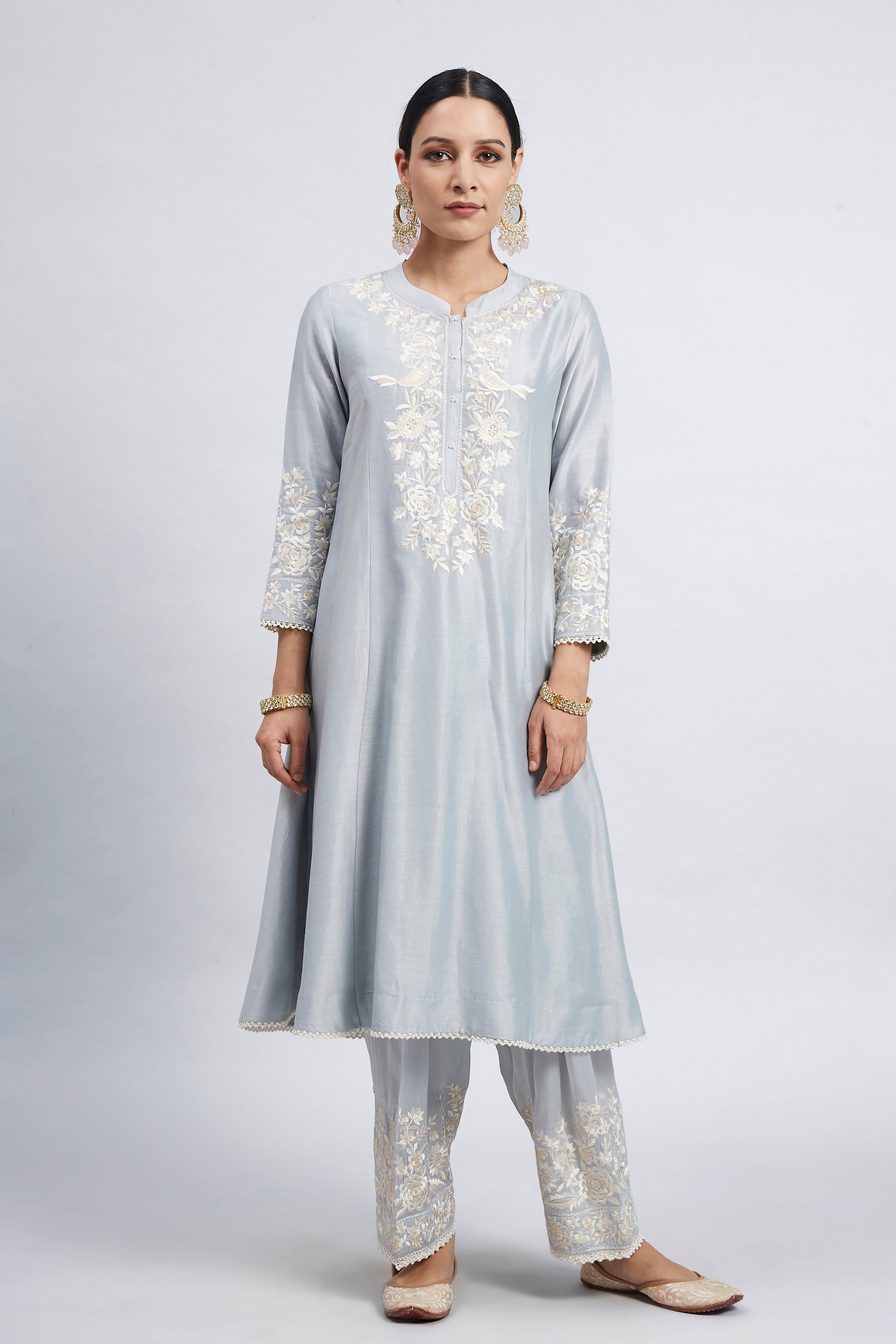 Kaina- Teal Blue Pure chanderi silk Parsi-gara Embroidered Ensemble