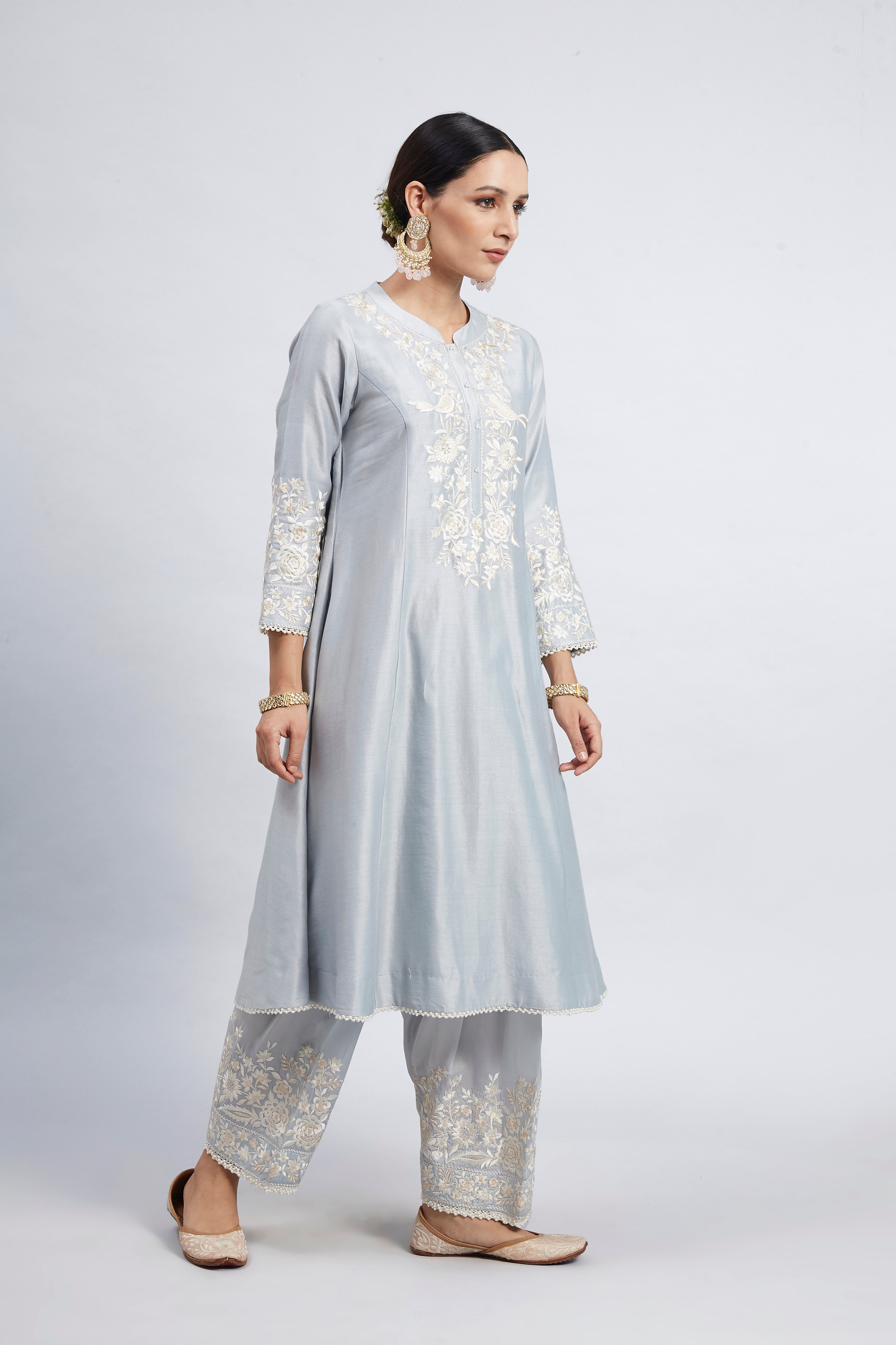 Kaina- Teal Blue Pure chanderi silk Parsi-gara Embroidered Ensemble