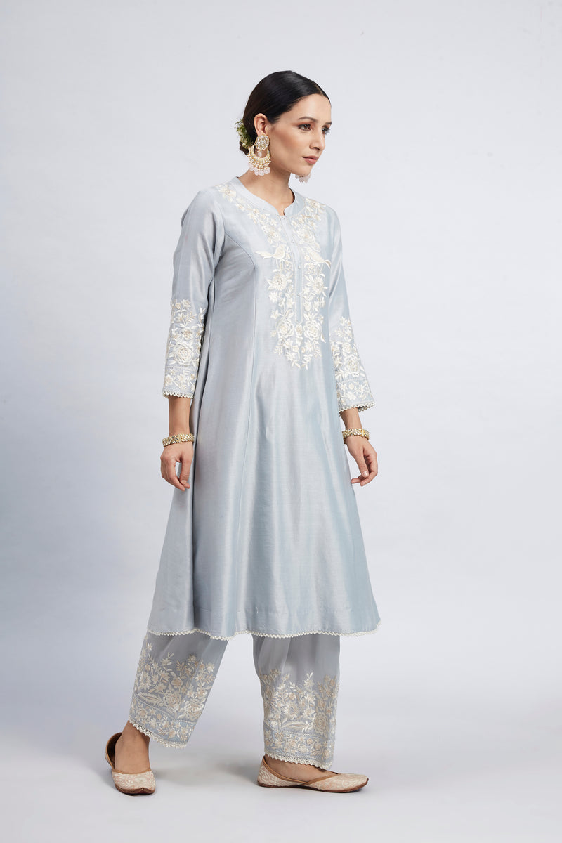 Kaina- Teal Blue Pure chanderi silk Parsi-gara Embroidered Ensemble