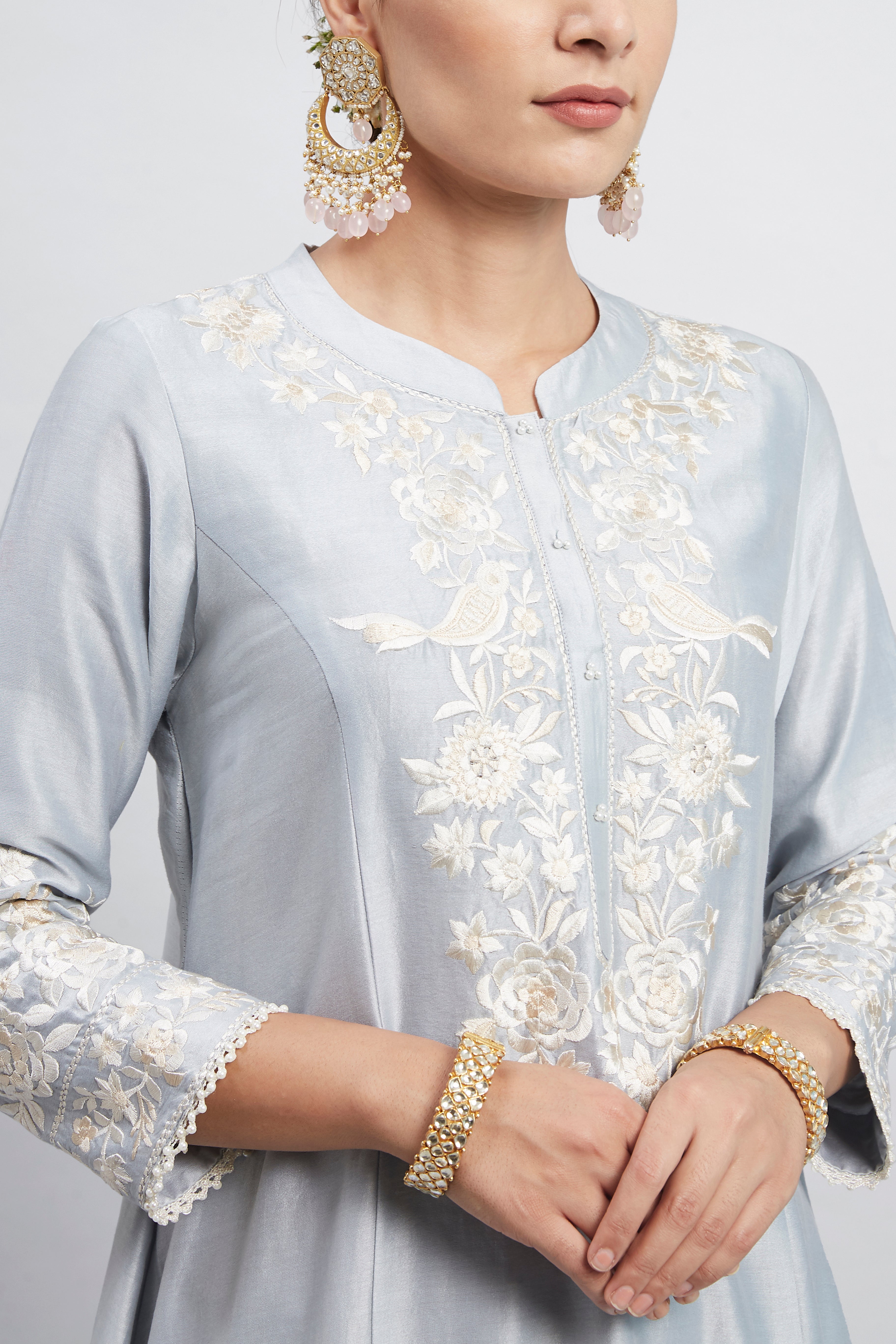 Kaina- Teal Blue Pure chanderi silk Parsi-gara Embroidered Ensemble