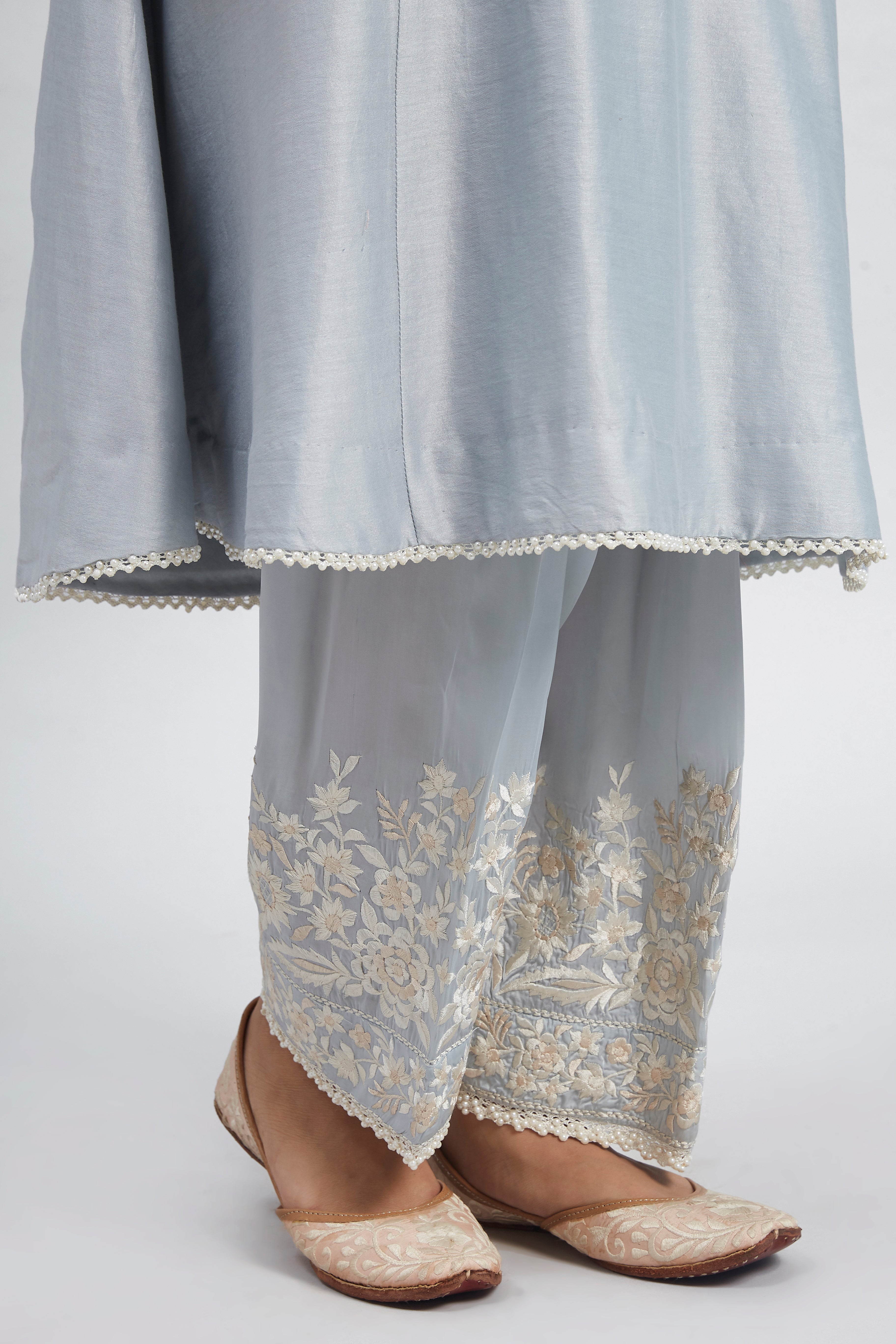 Kaina- Teal Blue Pure chanderi silk Parsi-gara Embroidered Ensemble