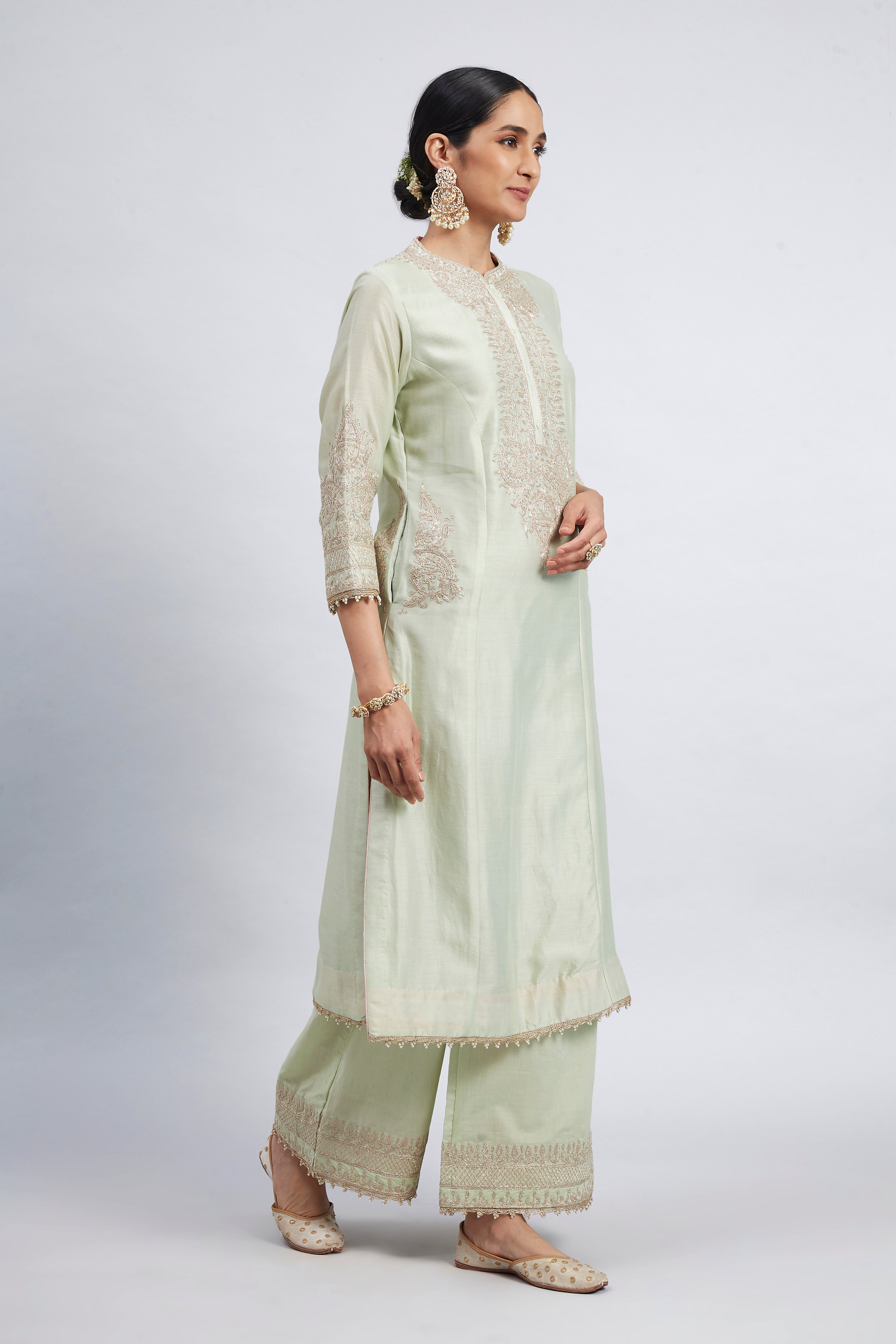 Aadah- Mint Green Embroidered Princess-Cut Kurta Set