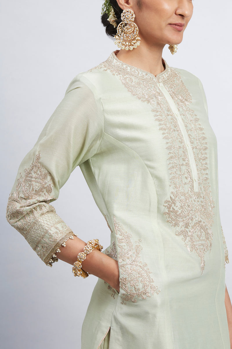 Aadah- Mint Green Embroidered Princess-Cut Kurta Set
