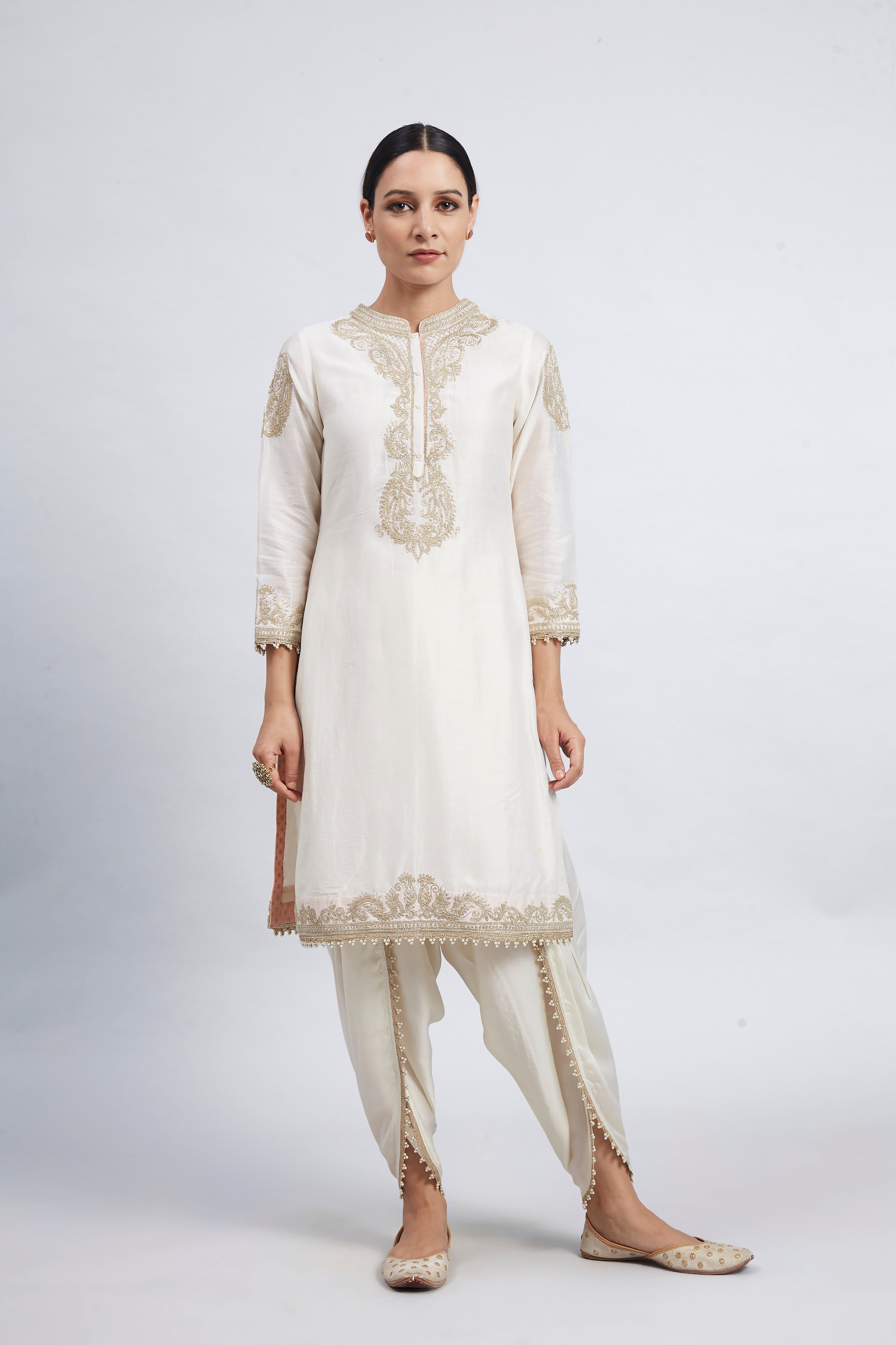 Aabisah- Daisy Ivory Embroidered Kurta With Dhoti