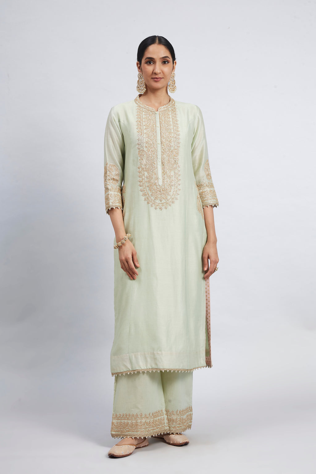 Shop Aadirah- Mint Green Princess-Cut Long Kurta Set