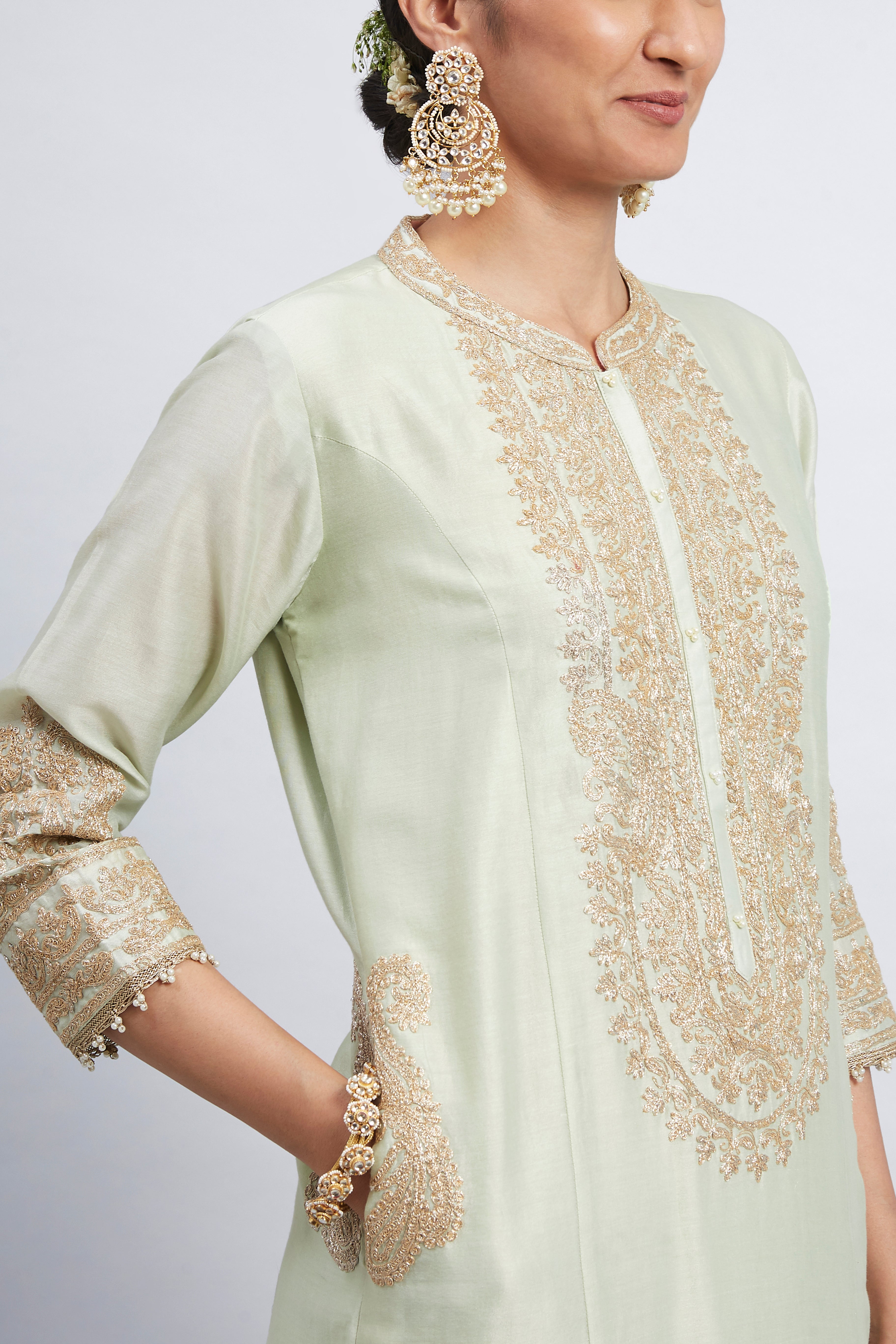 Aadirah- Mint Green Princess-Cut Long Kurta Set