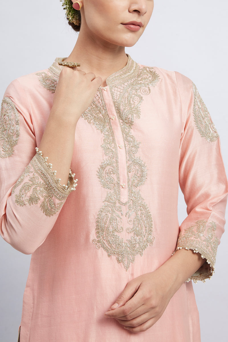 Aabisah- Carnation Pink Embroidered Kurta With Dhoti