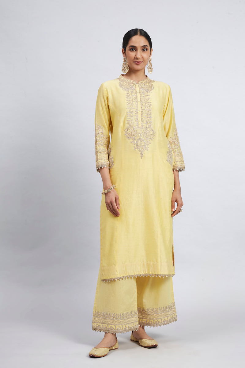 Aadah- Light Yellow Princess-Cut Long Kurta Set