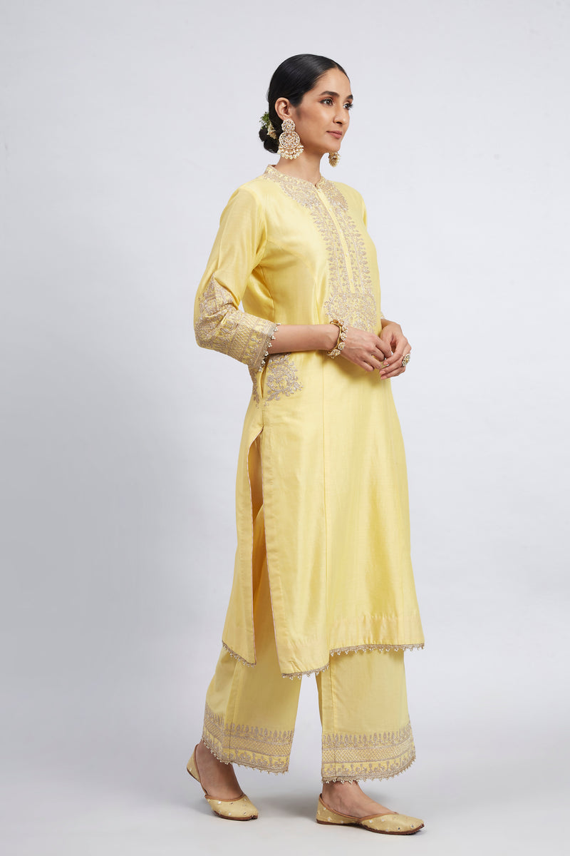 Aadah- Light Yellow Princess-Cut Long Kurta Set