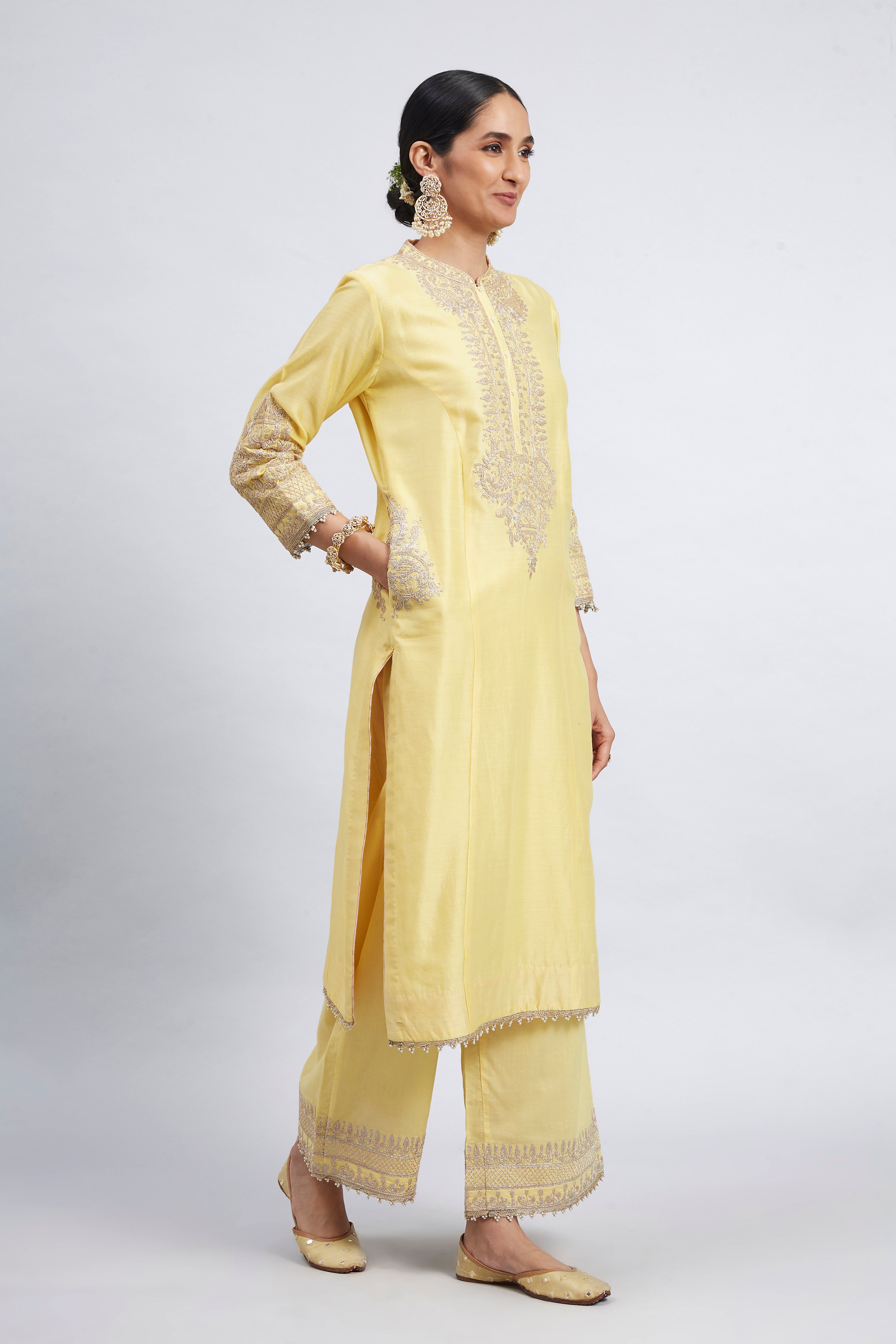 Aadah- Light Yellow Princess-Cut Long Kurta Set