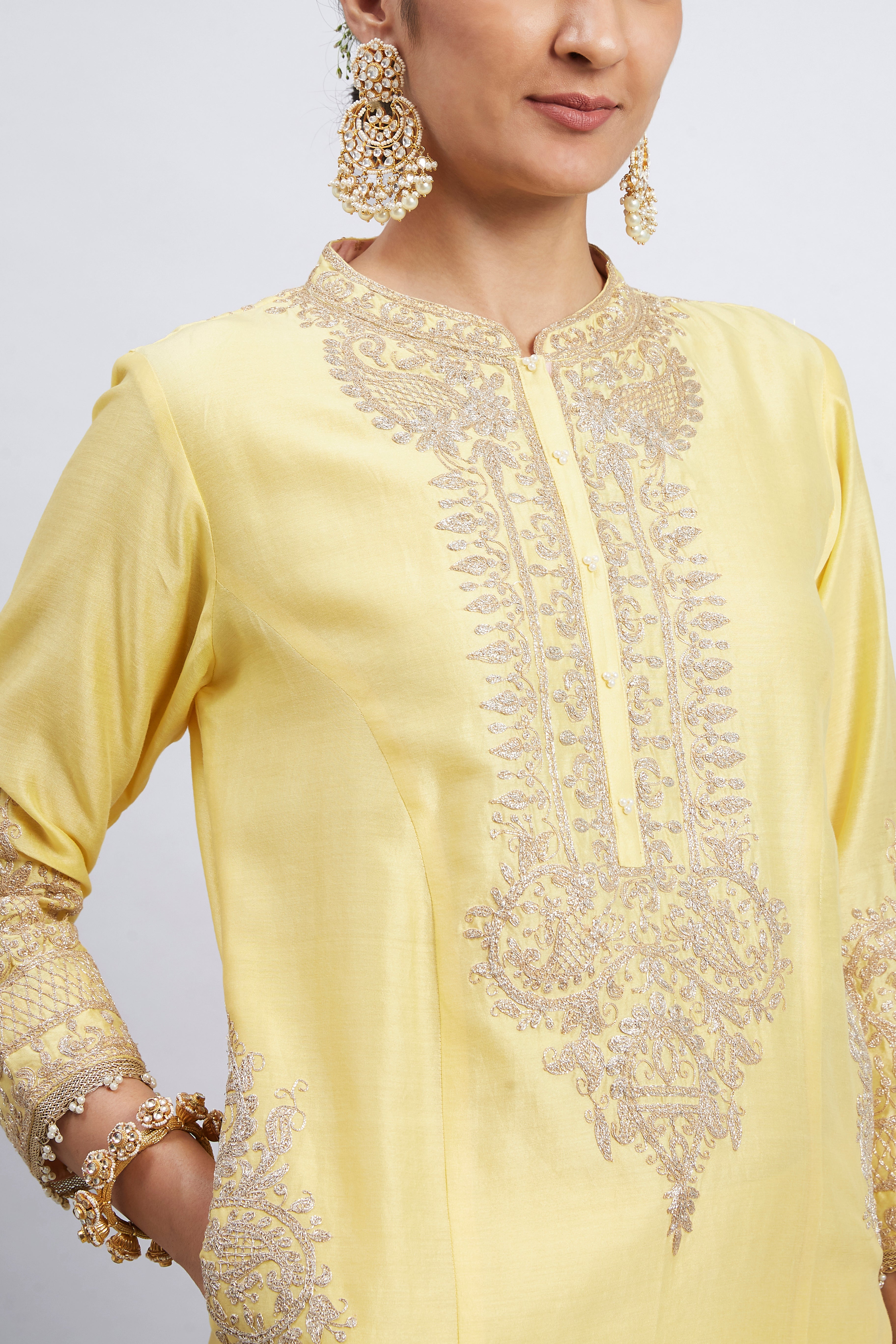 Aadah- Light Yellow Princess-Cut Long Kurta Set