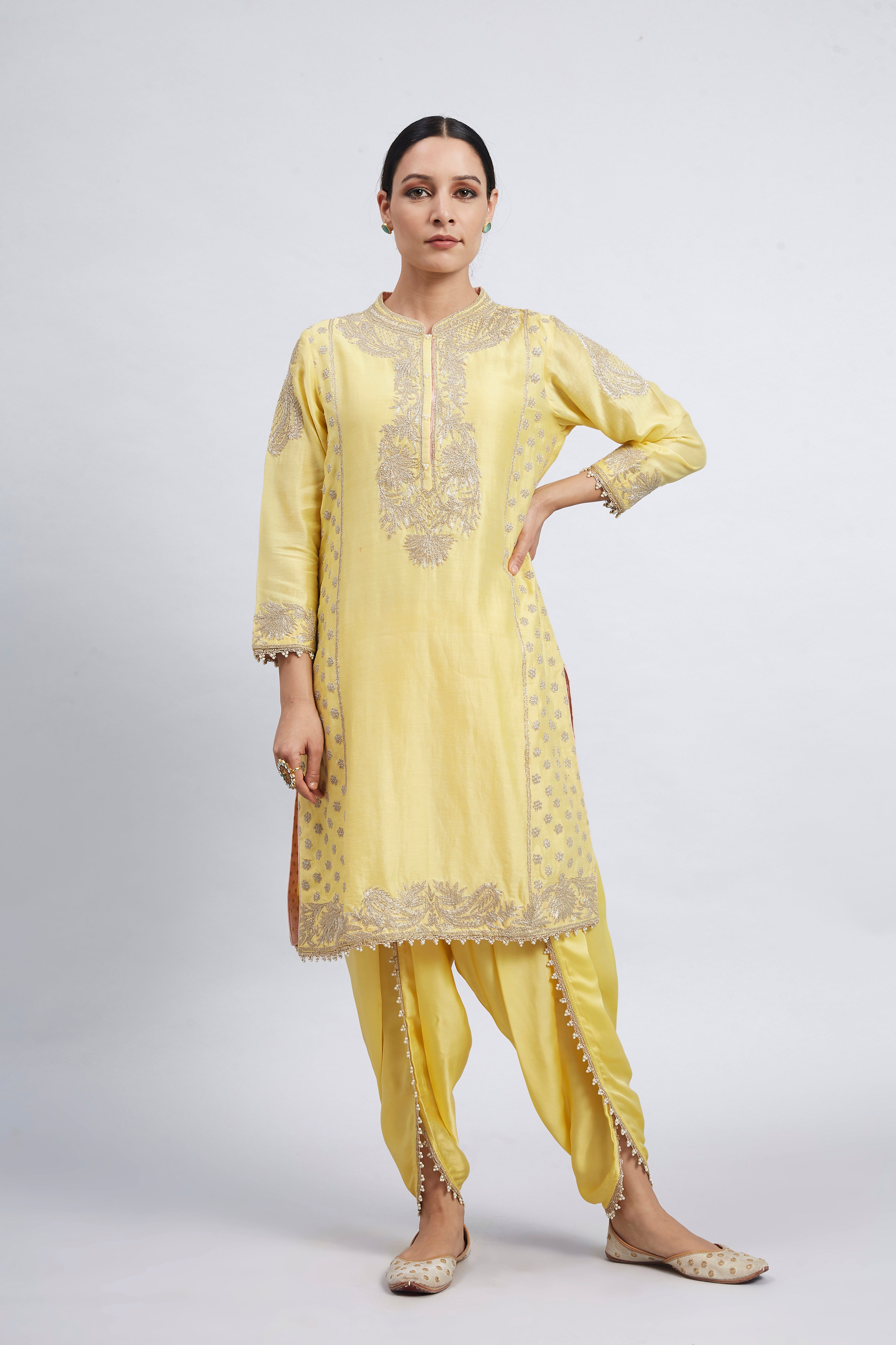 Aabish- Daffodil Yellow Pearl Embroidered Kurta Set