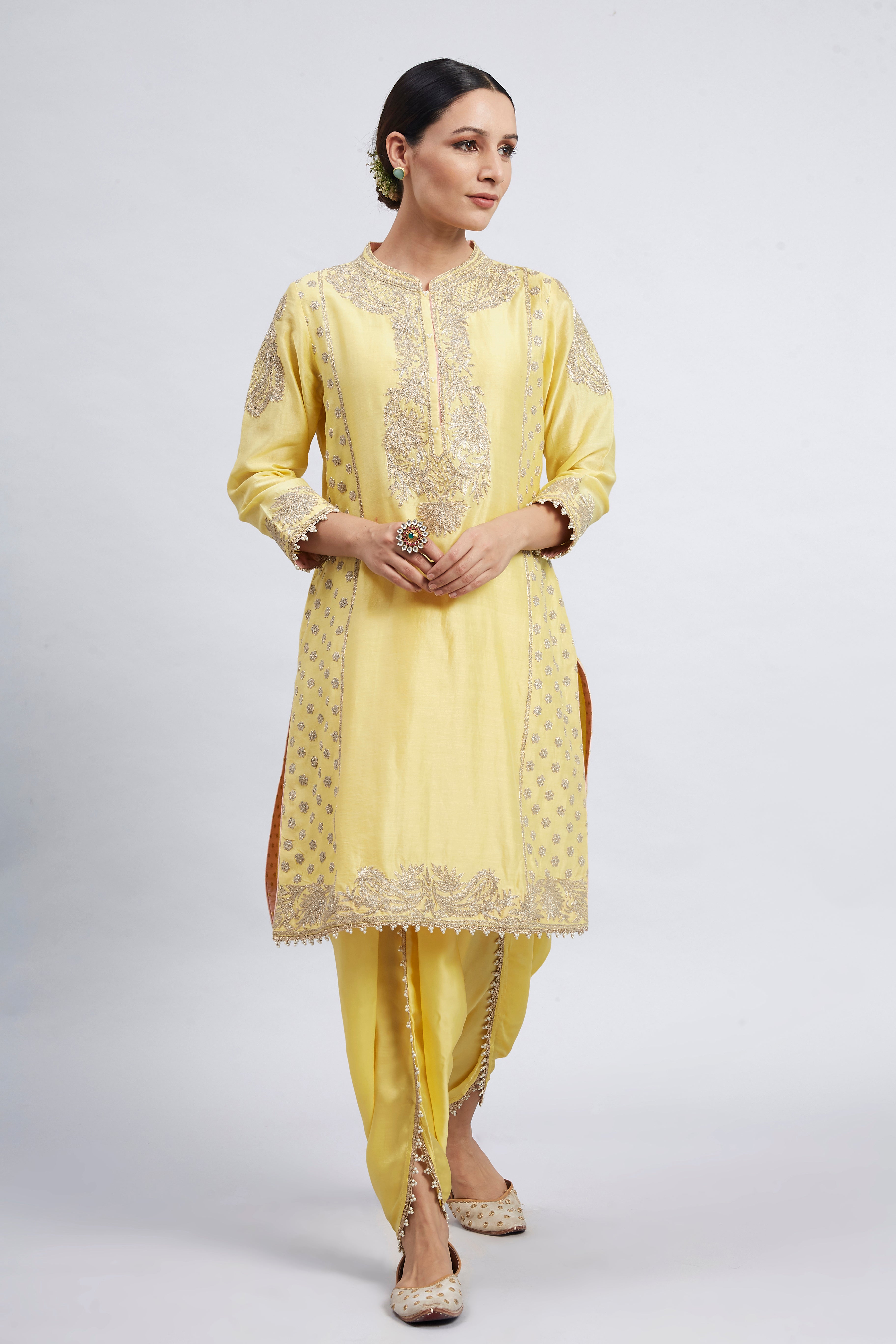 Aabish- Daffodil Yellow Pearl Embroidered Kurta Set